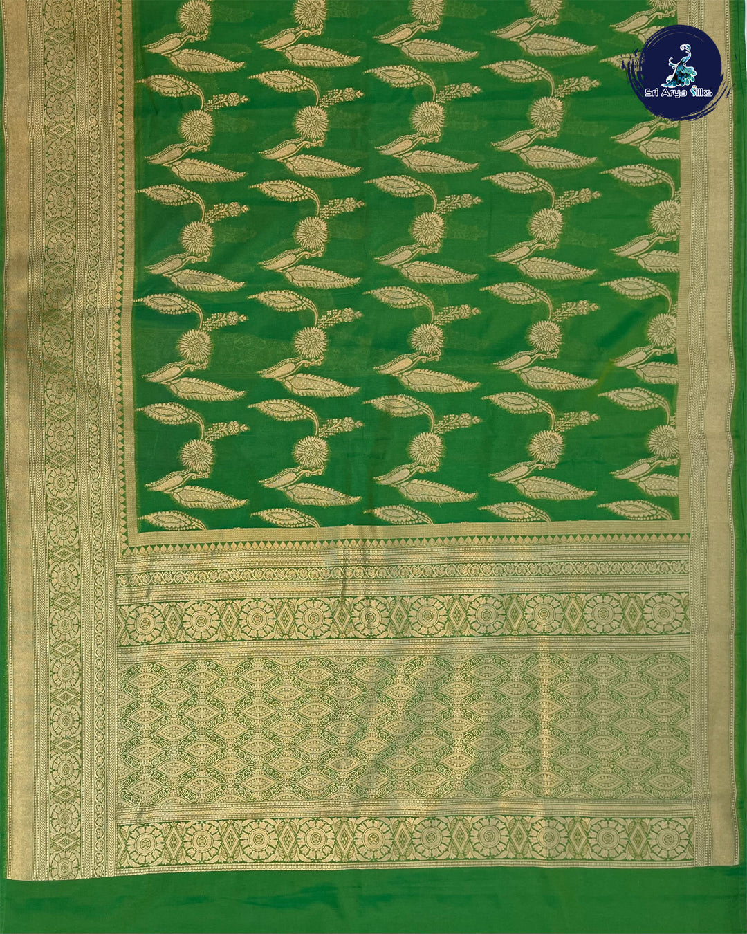 Parrot Green Semi Banarasi Saree