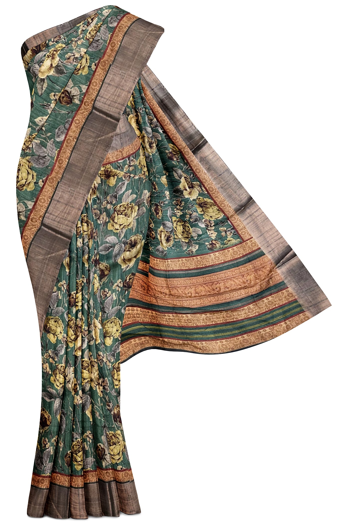 Green Office Wear Saree With Floral Pattern