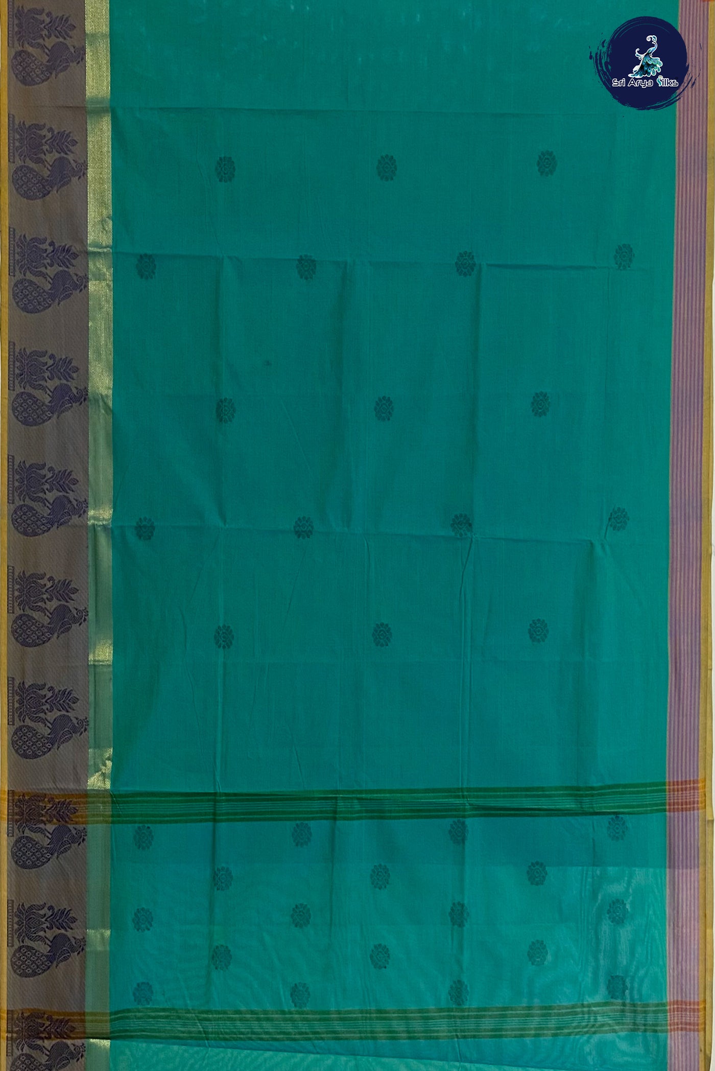 Peacock Green Cotton Saree With Buttas Pattern