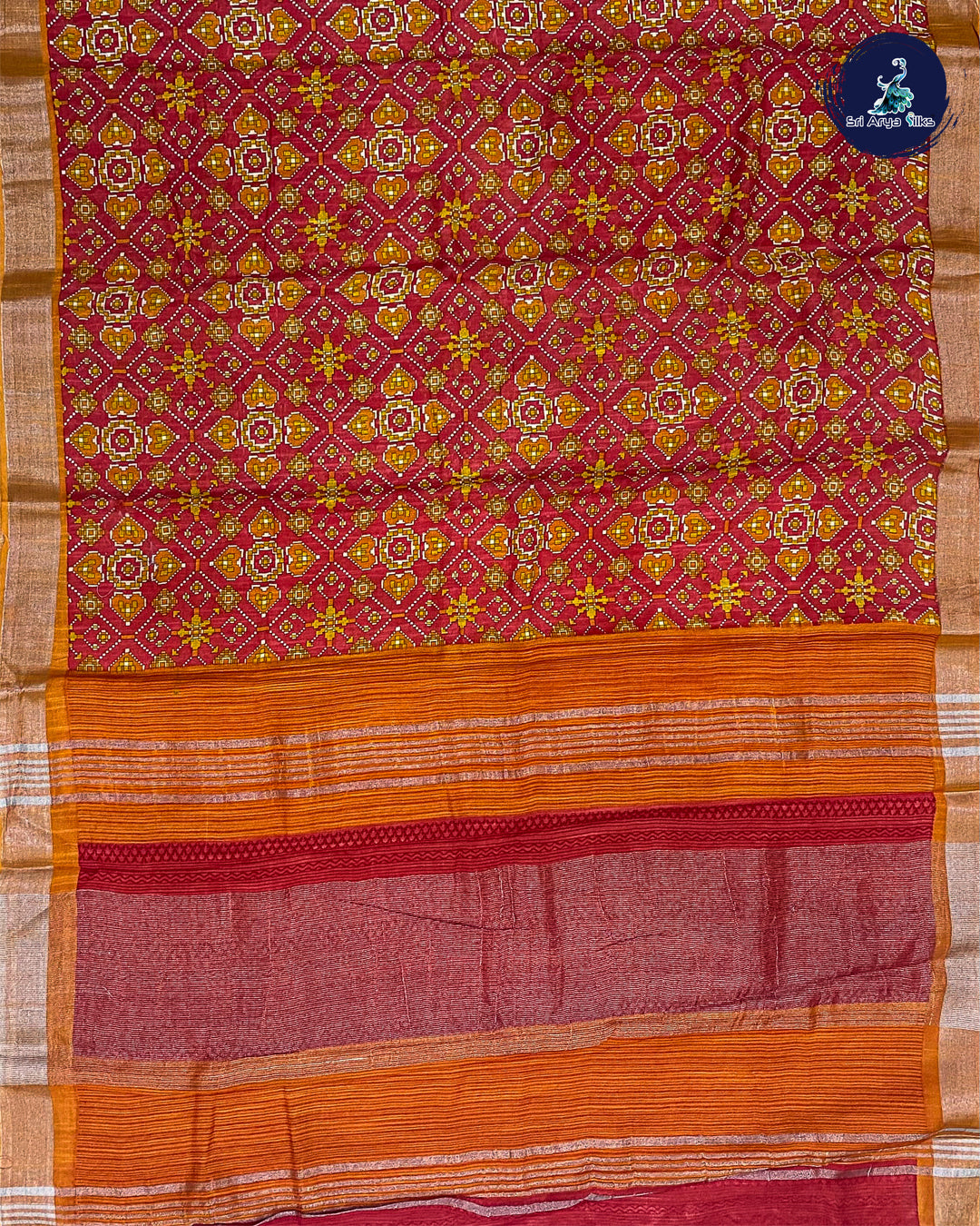 Red and Orange Linen Cotton Saree