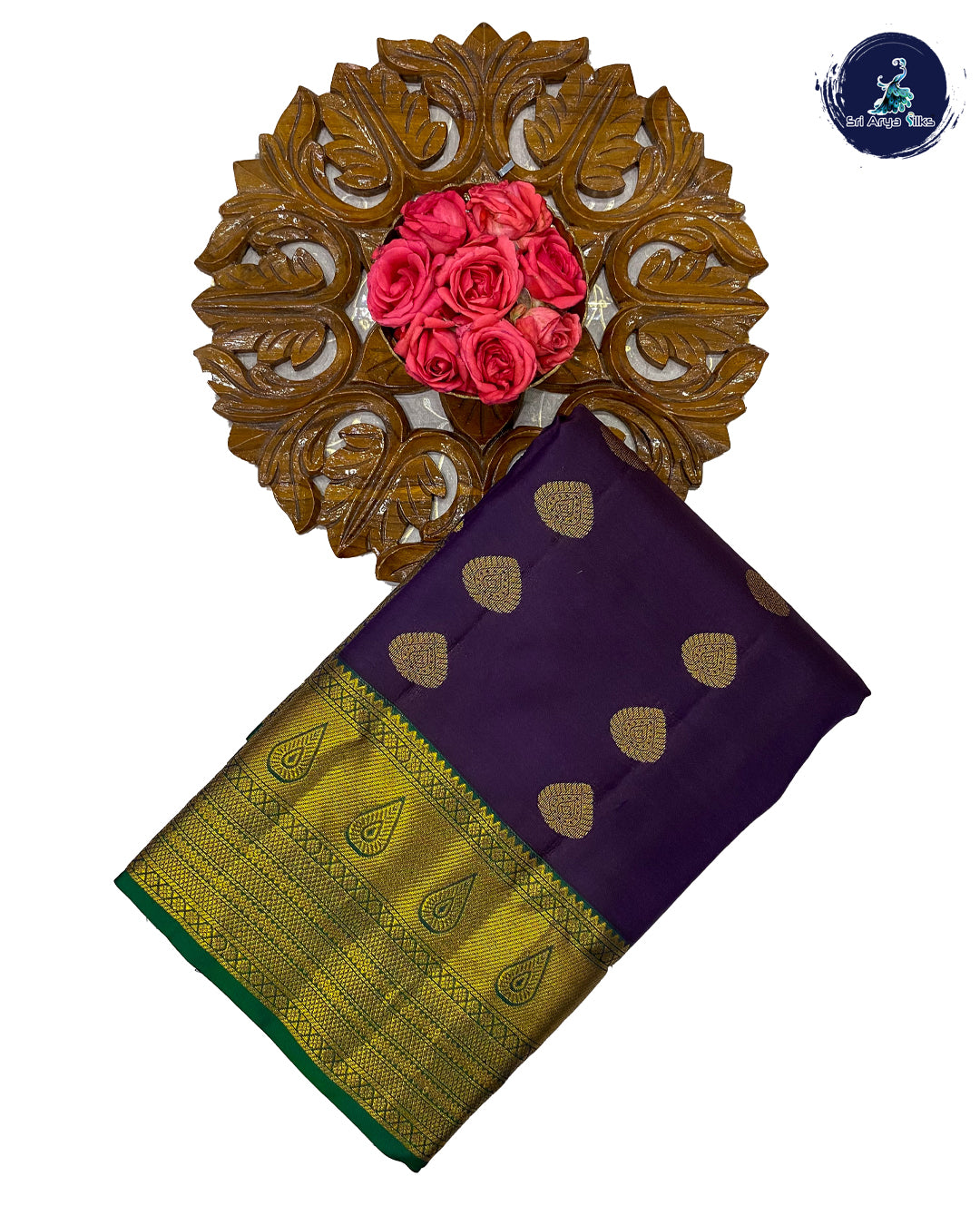 Dark Brinjal Traditional Silk Saree With Green Blouse & Buttas Pattern