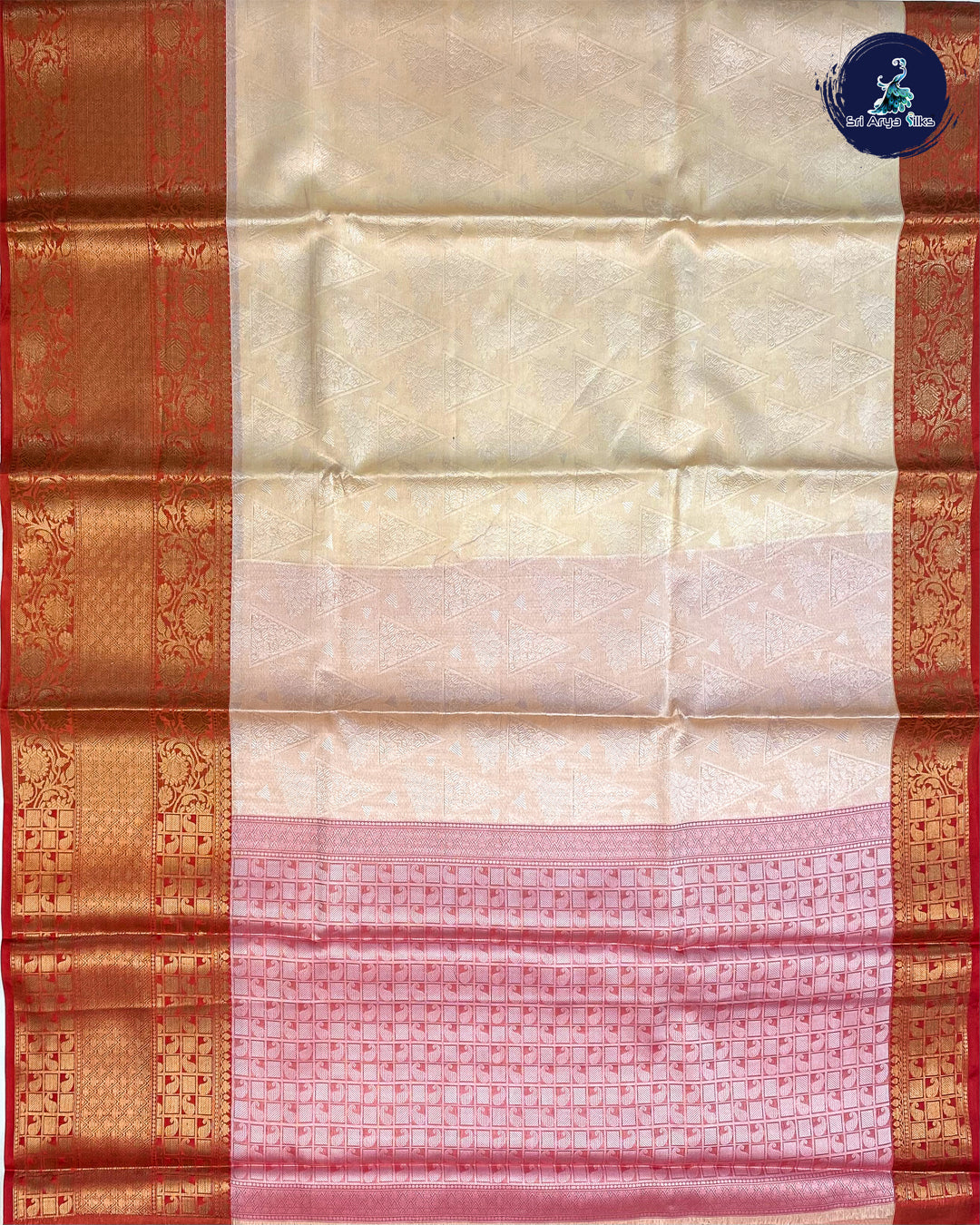 Cream and Red Semi Kora Organza Silk Saree