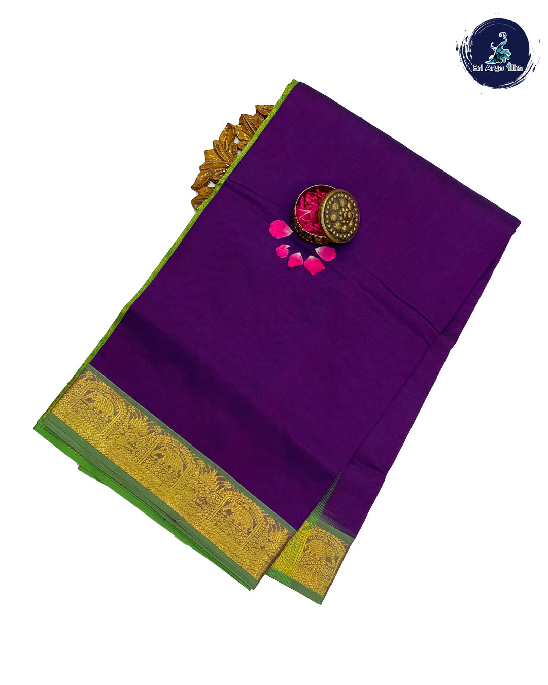 Brinjal and Green Silk cotton Saree