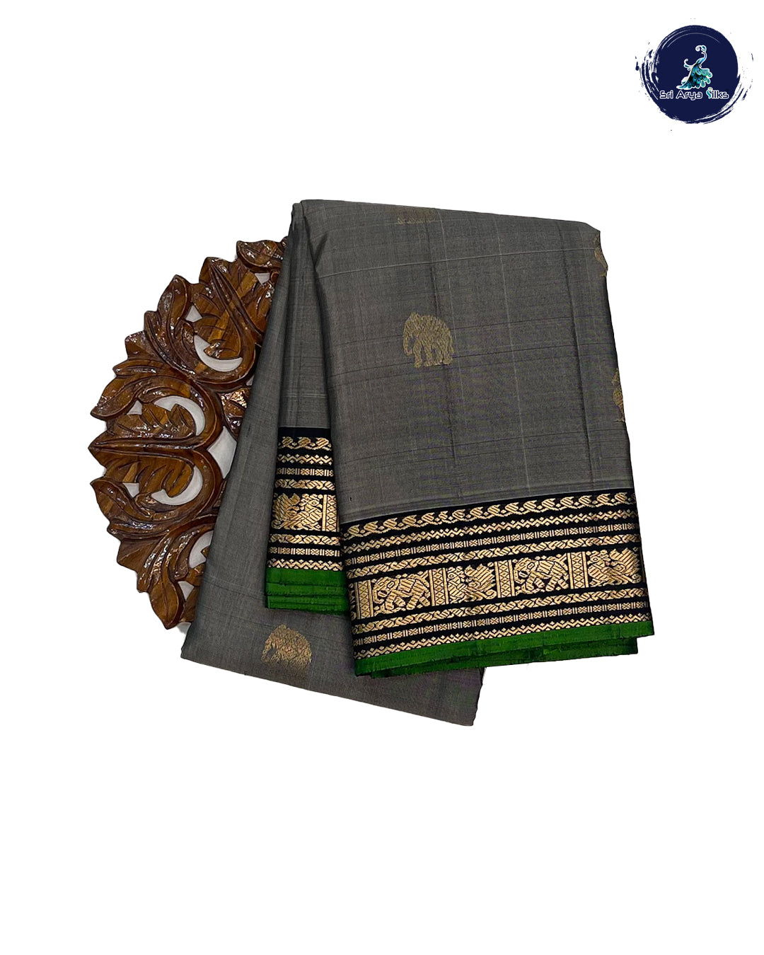 Ash Grey and Black Pure Kanchipuram Silk Saree