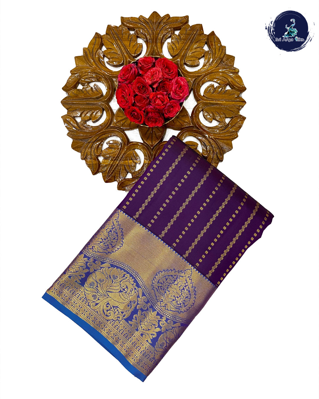 Purple Traditional Silk Saree With Copper Sulphate Blue Blouse & Buttas Pattern