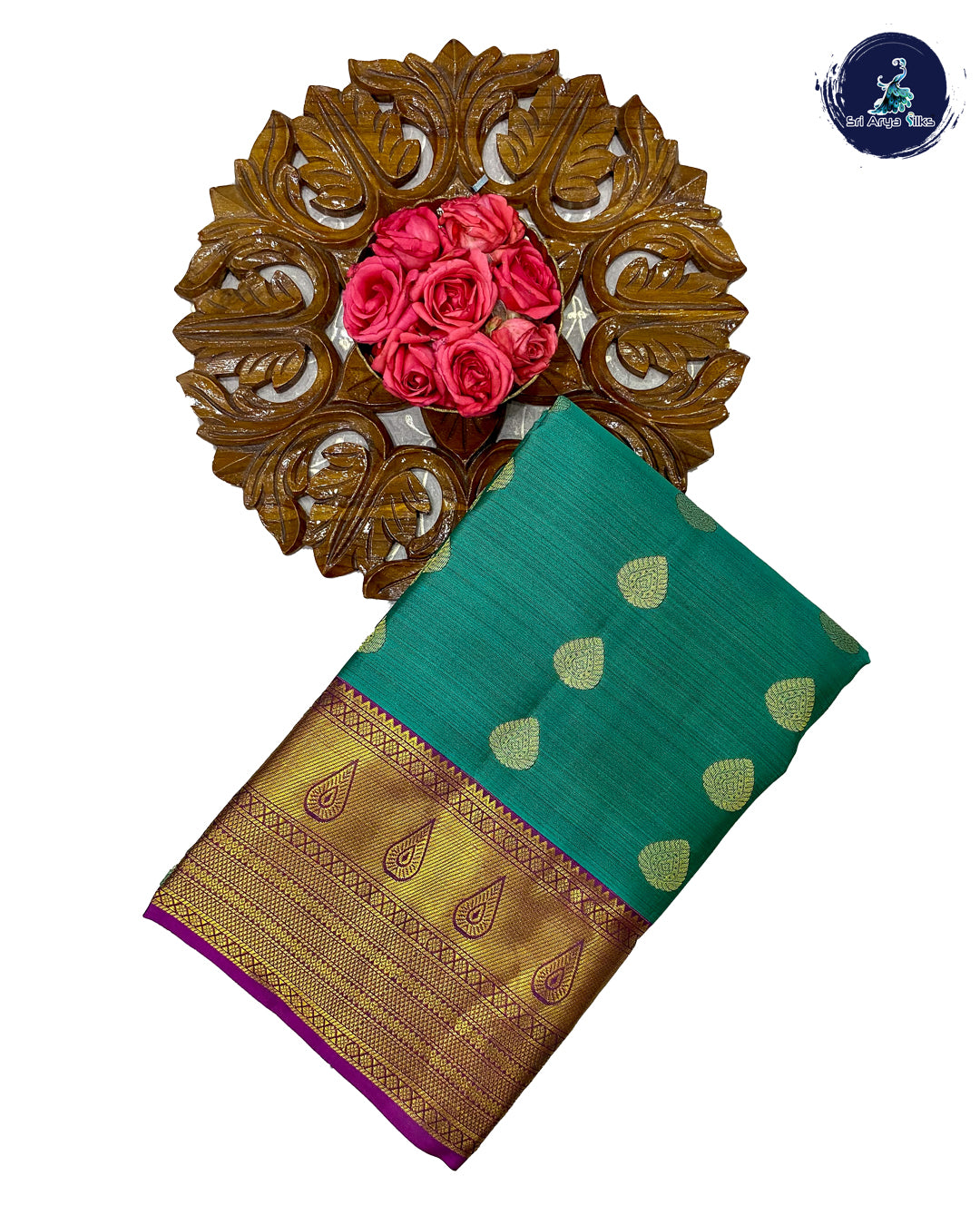 Turquoise Traditional Silk Saree With Pink Blouse & Buttas Pattern