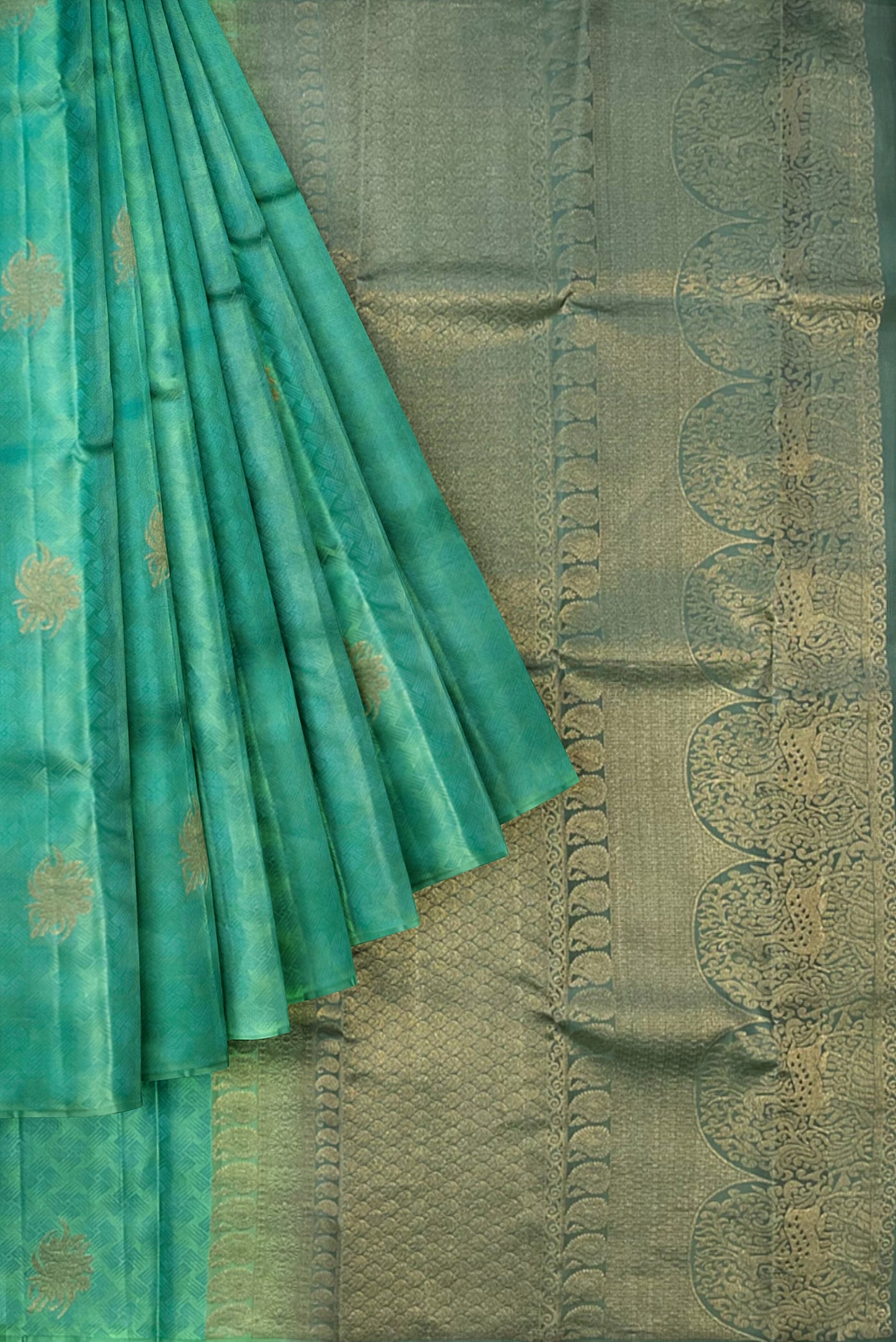 Dark Pista Green and Light Greyish Green Pure Kanchipuram Silk Saree