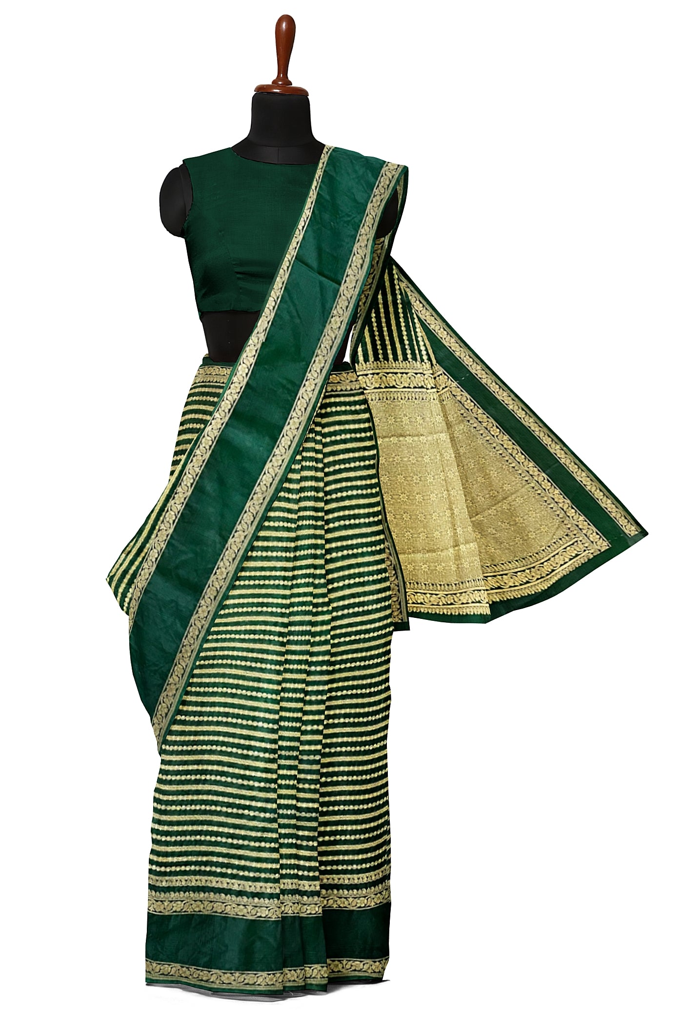 Bottle Green Georgette Banarasi Saree With Zari Checked Pattern