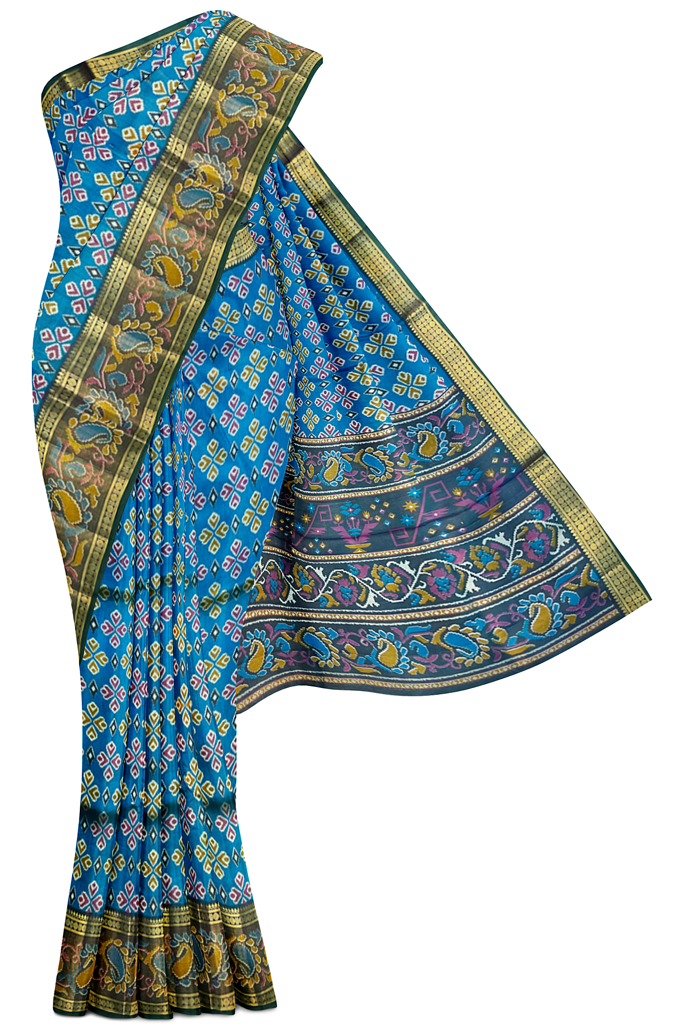 Copper Sulphate Blue Pochampally Saree With Patola Pattern