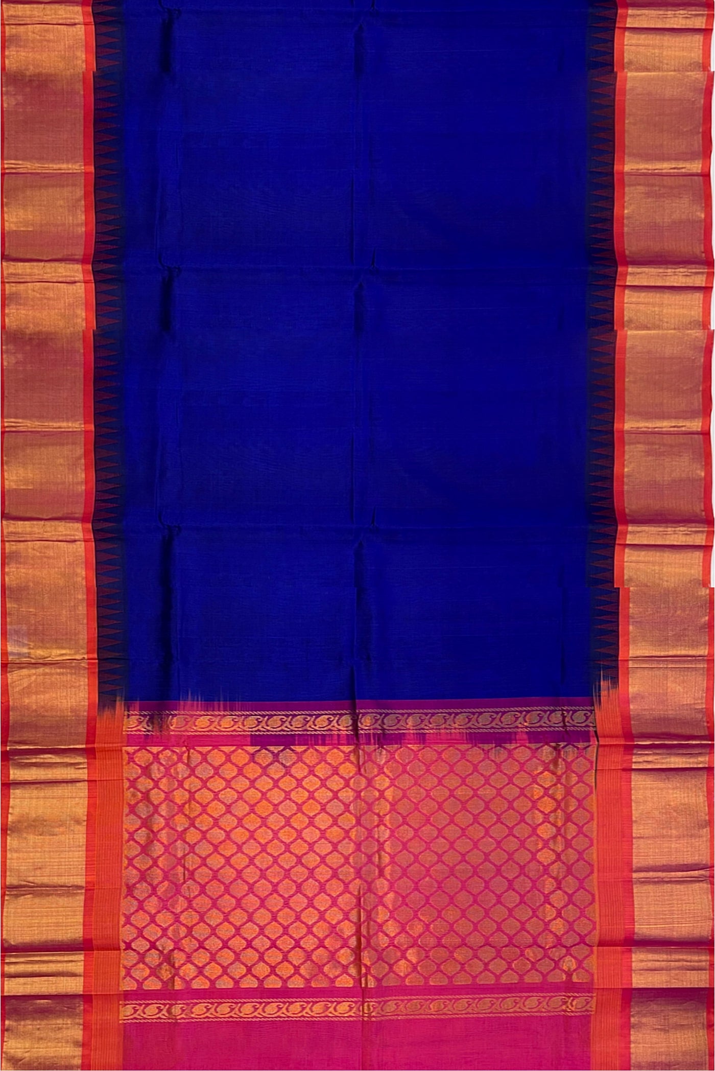 Navy Blue Korvai Silk Cotton Saree With Plain Pattern