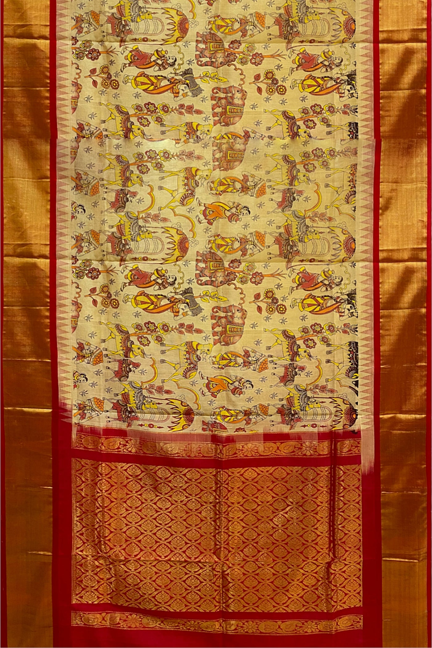 Fawn Korvai Silk Cotton Saree With Kalamkari Pattern