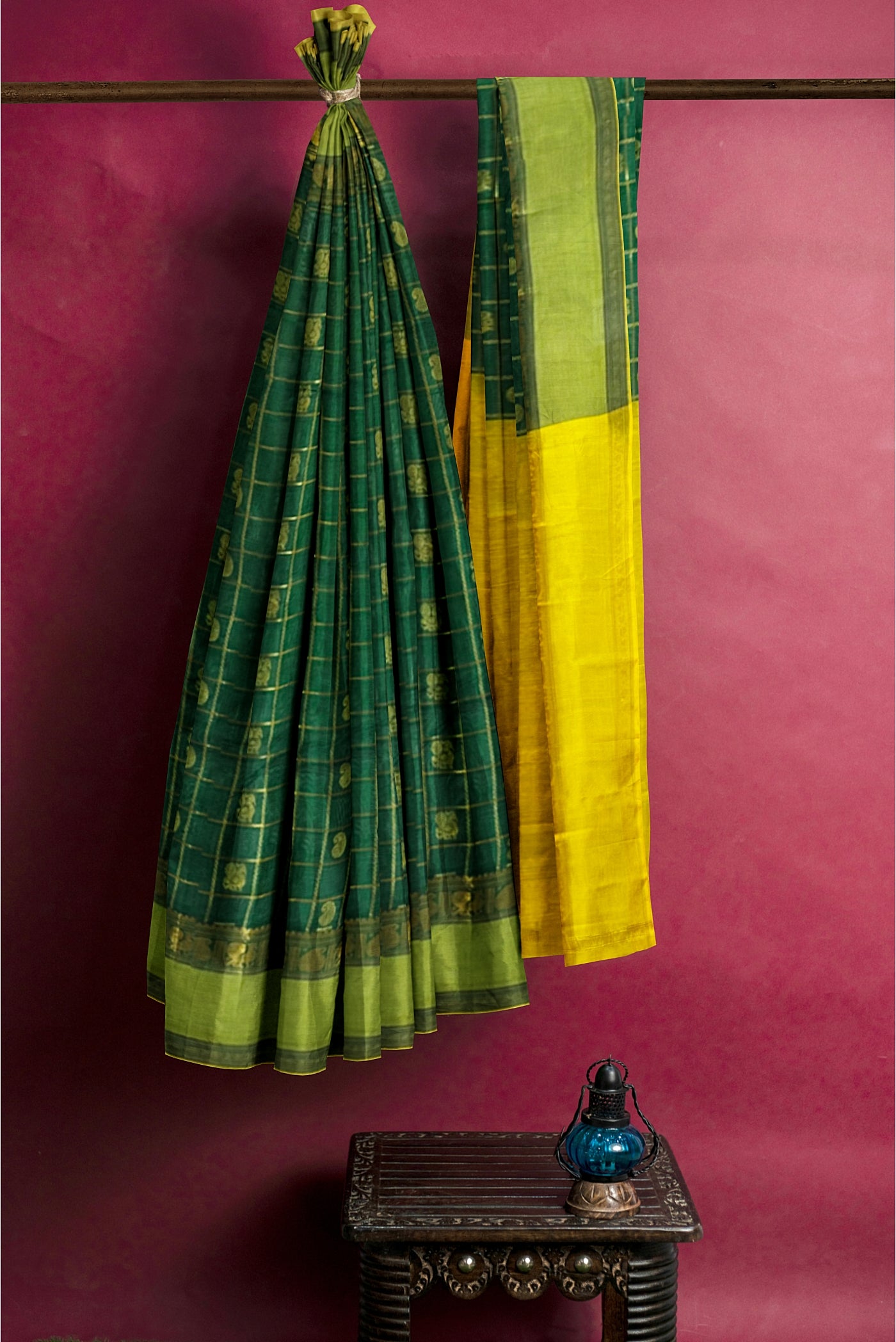 Bottle Green Checked Saree With Zari Buttas Pattern