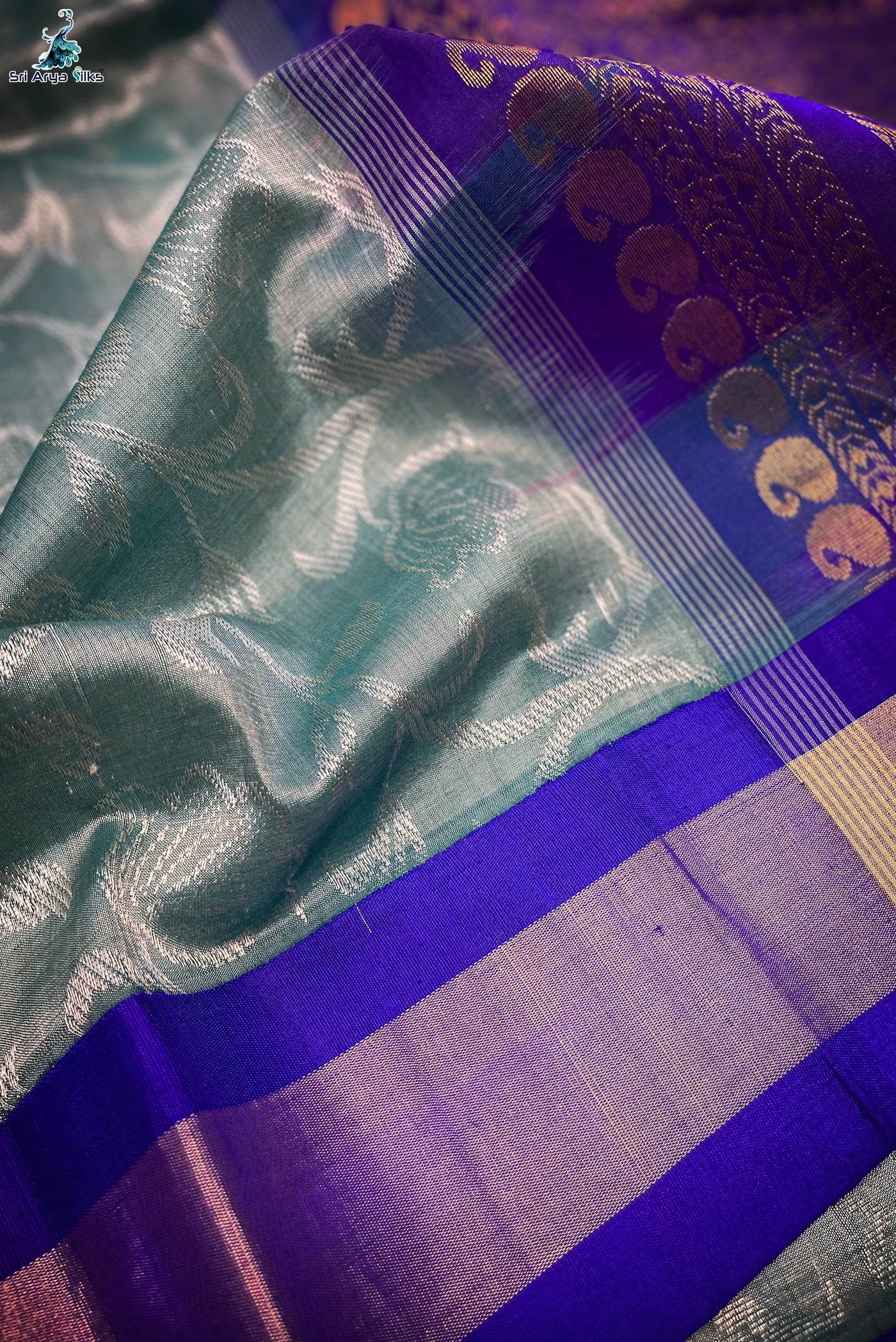 Greenish Grey & Violet Embosed Kanchipuram Silk Cotton Saree.