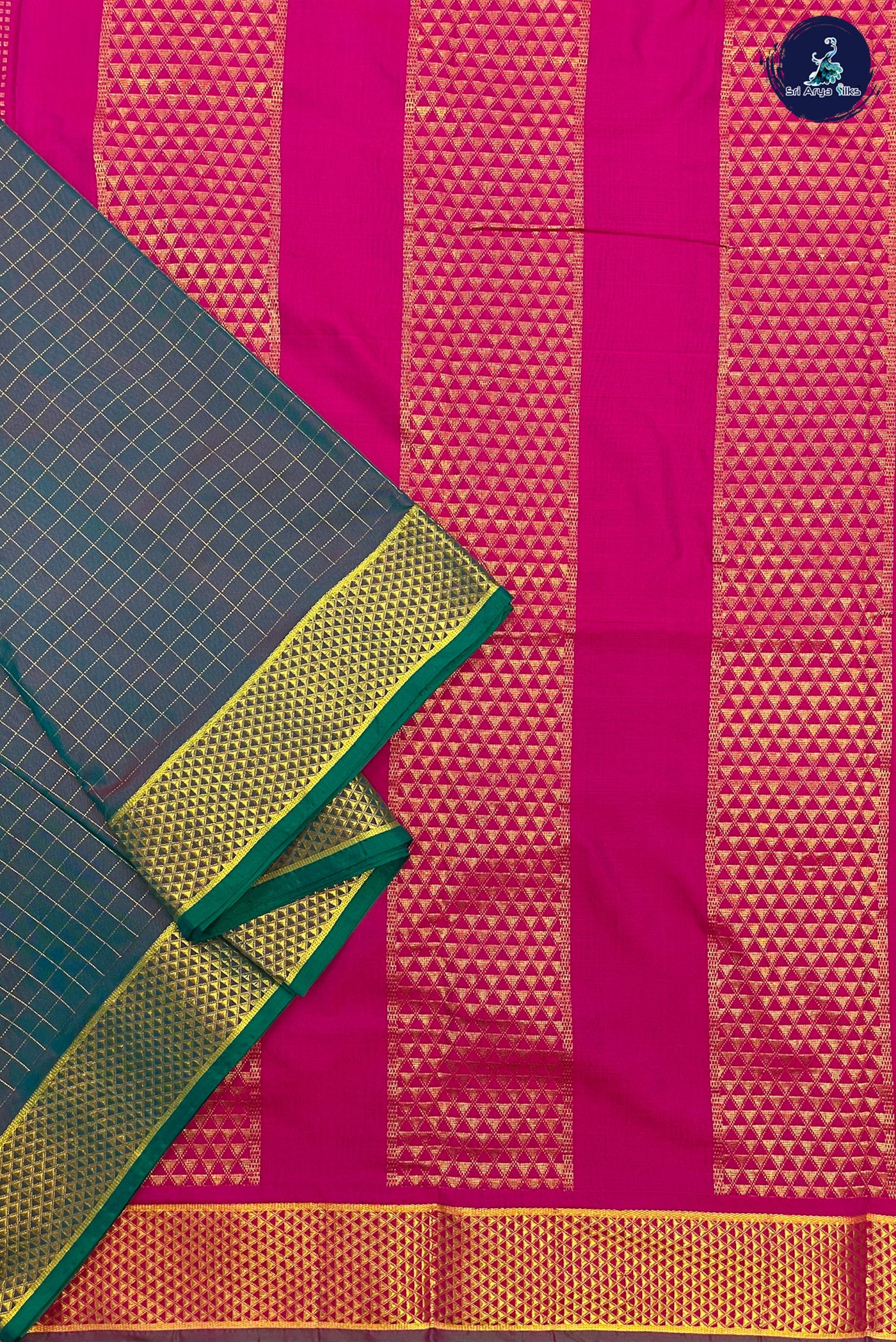 Greenish Grey Madisar Semi Silk Saree With Zari Checked Pattern