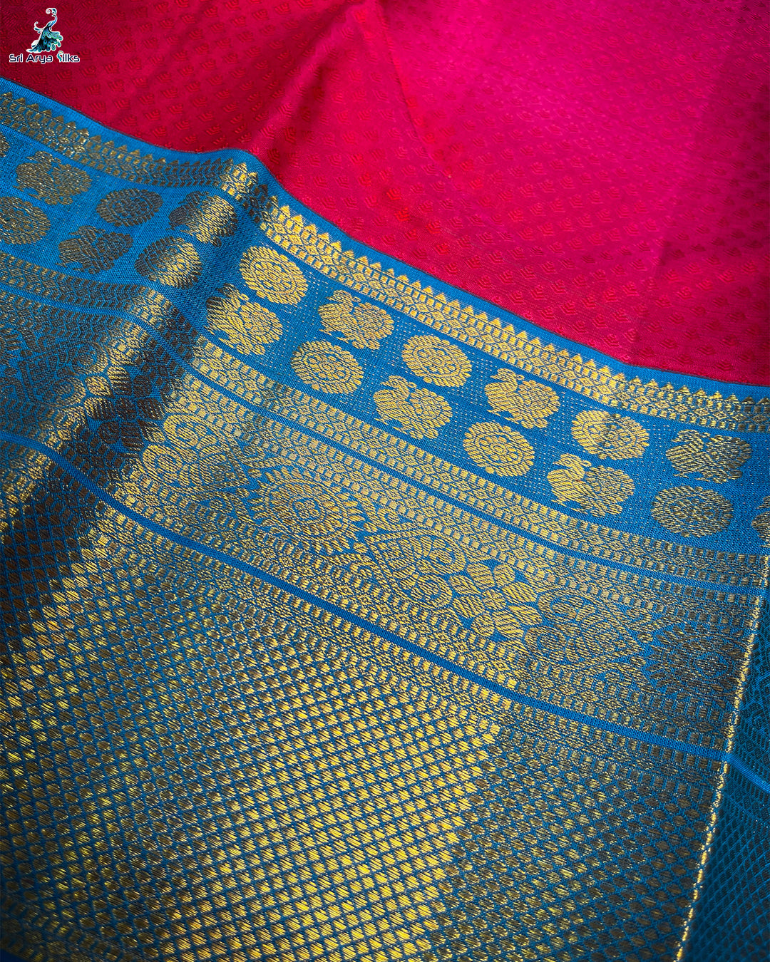 Pink Korvai Contrast Silk Saree With Copper Sulphate Blue Blouse & Buttas Pattern