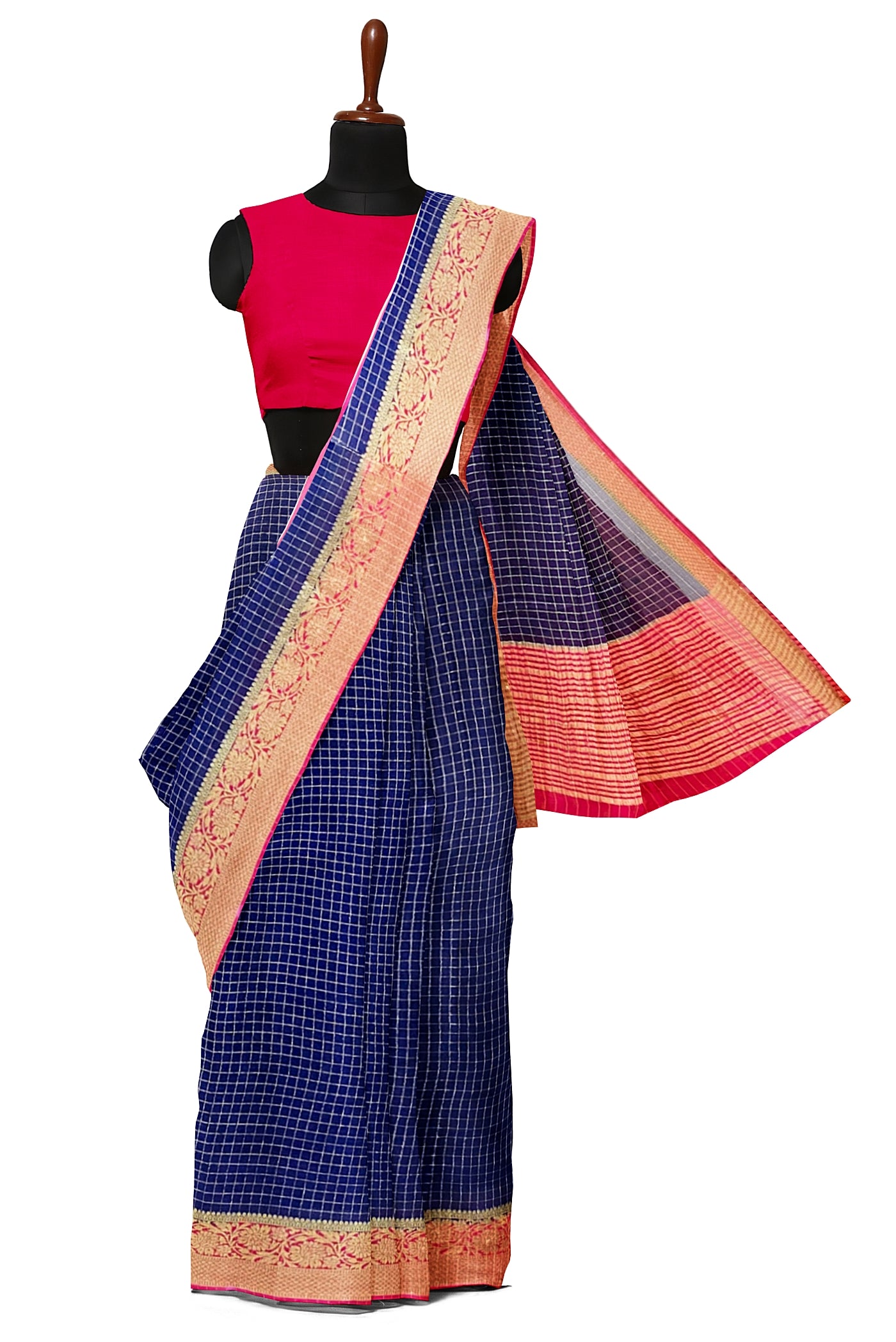 Dark Blue Georgette Banarasi Saree With Zari Checked Pattern