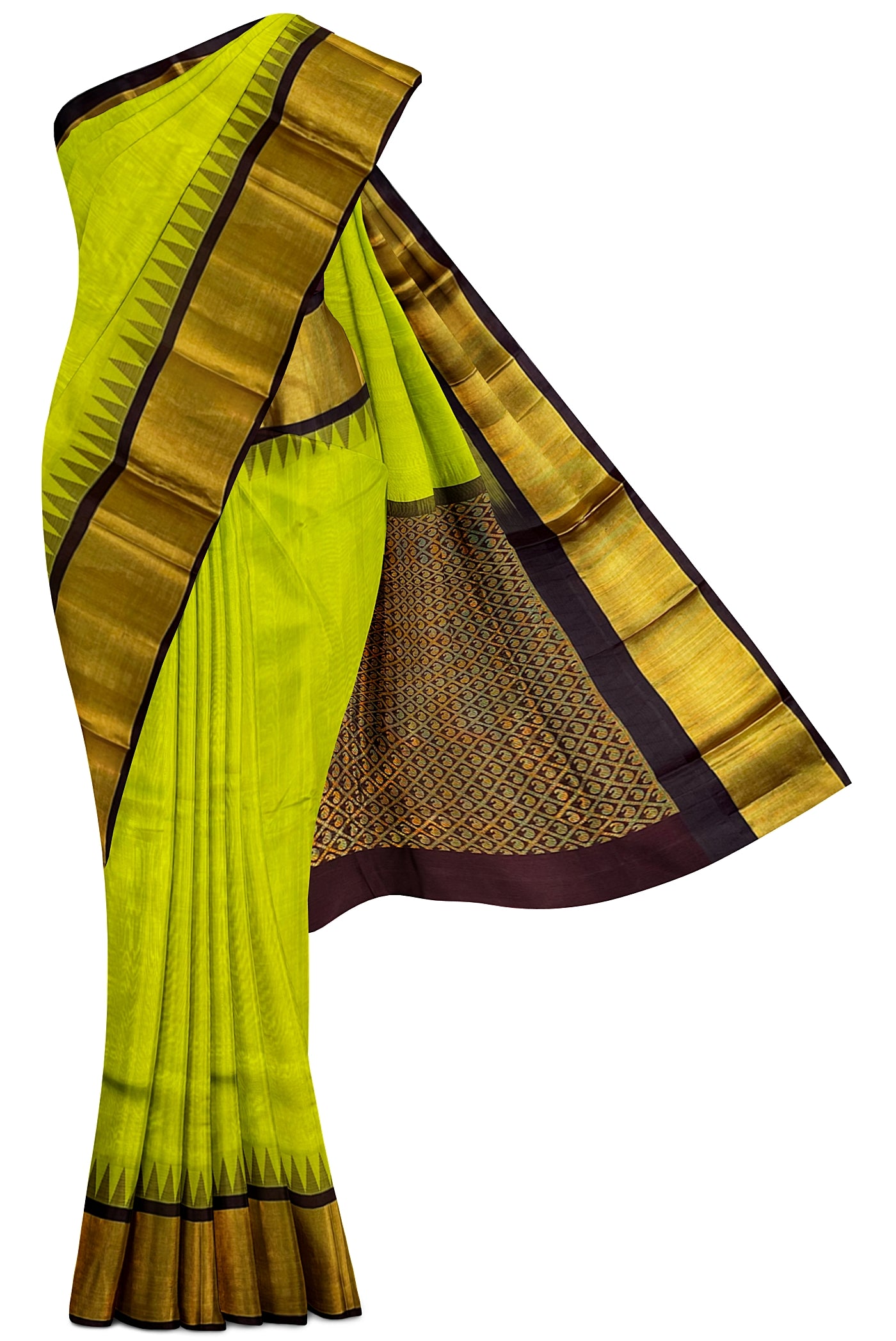 Lime Green Korvai Silk Cotton Saree With Plain Pattern