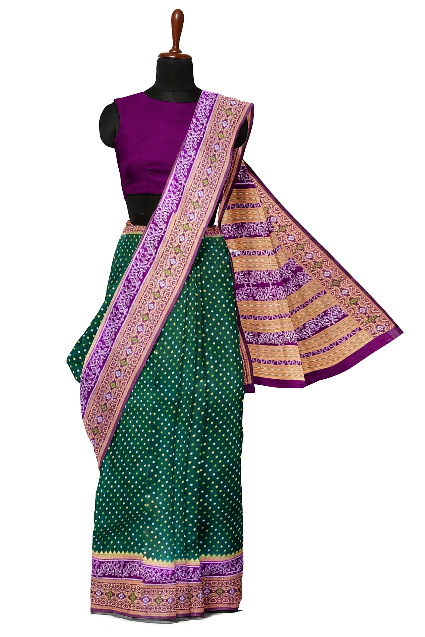 Dark Green Semi Banarasi Saree With Zari Buttas Pattern