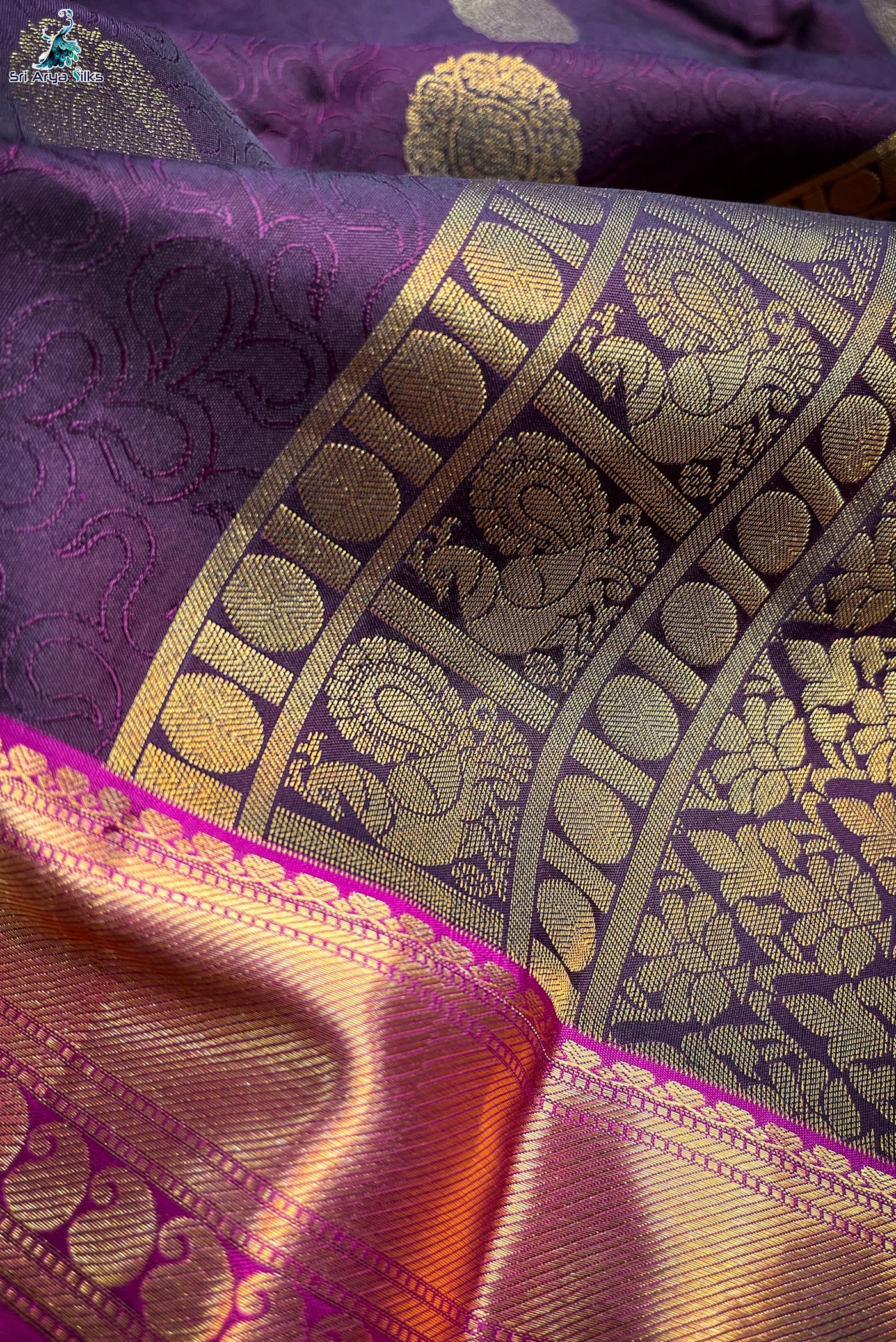 Dual Tone Wine Embosed Saree With Purple Blouse & Buttas Pattern