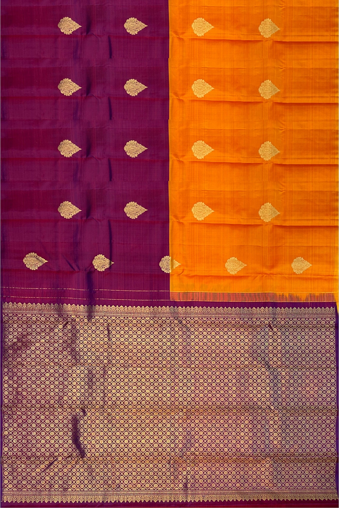 Mango Yellow and Purple Half and Half Pure Kanchipuram Silk Saree