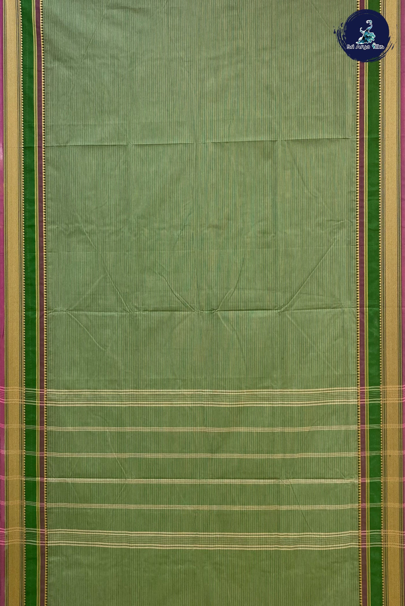 Green Madisar Cotton Saree With Stripes Pattern
