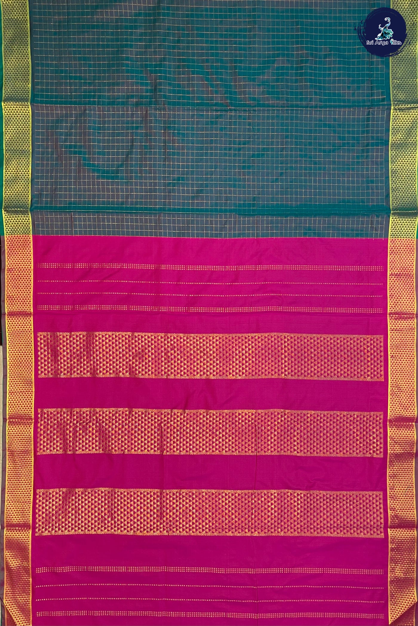 Greenish Grey Madisar Semi Silk Saree With Zari Checked Pattern