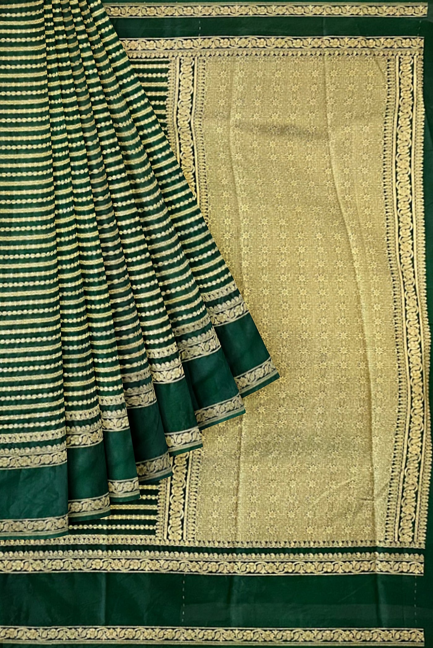 Bottle Green Georgette Banarasi Saree With Zari Checked Pattern