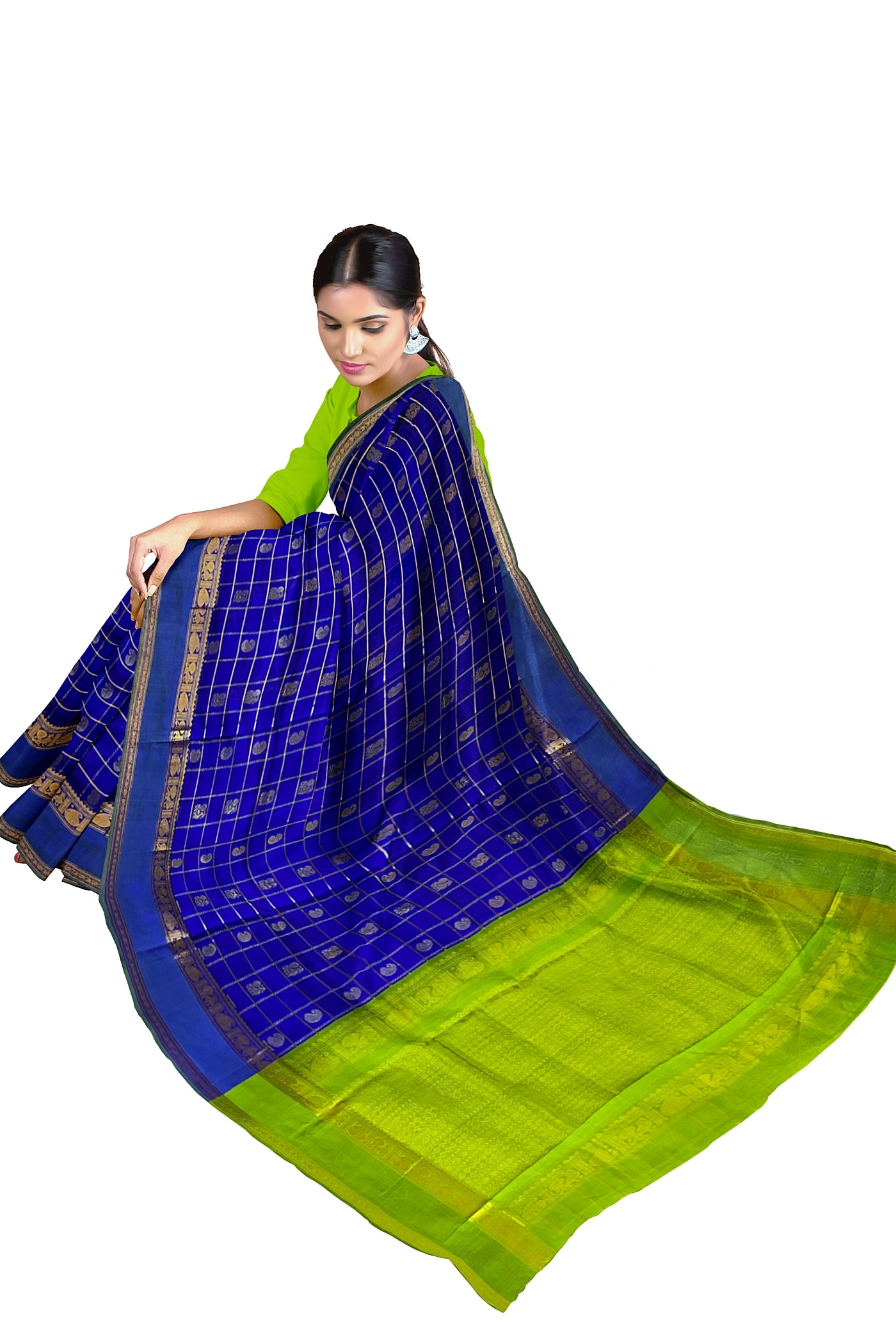 Dark Blue Checked Saree With Zari Buttas Pattern