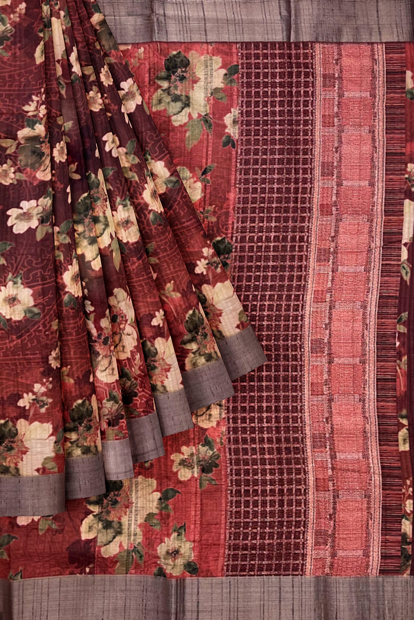 Red Office Wear Saree With Floral Pattern