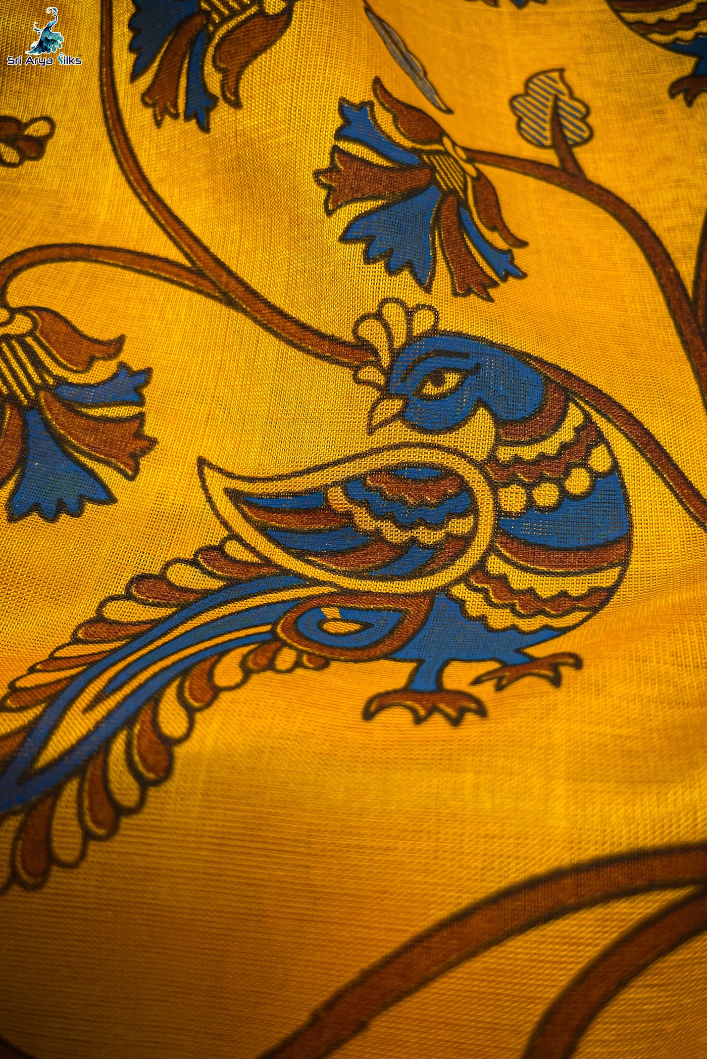 Mango Yellow Korvai Silk Cotton Saree With Kalamkari Pattern