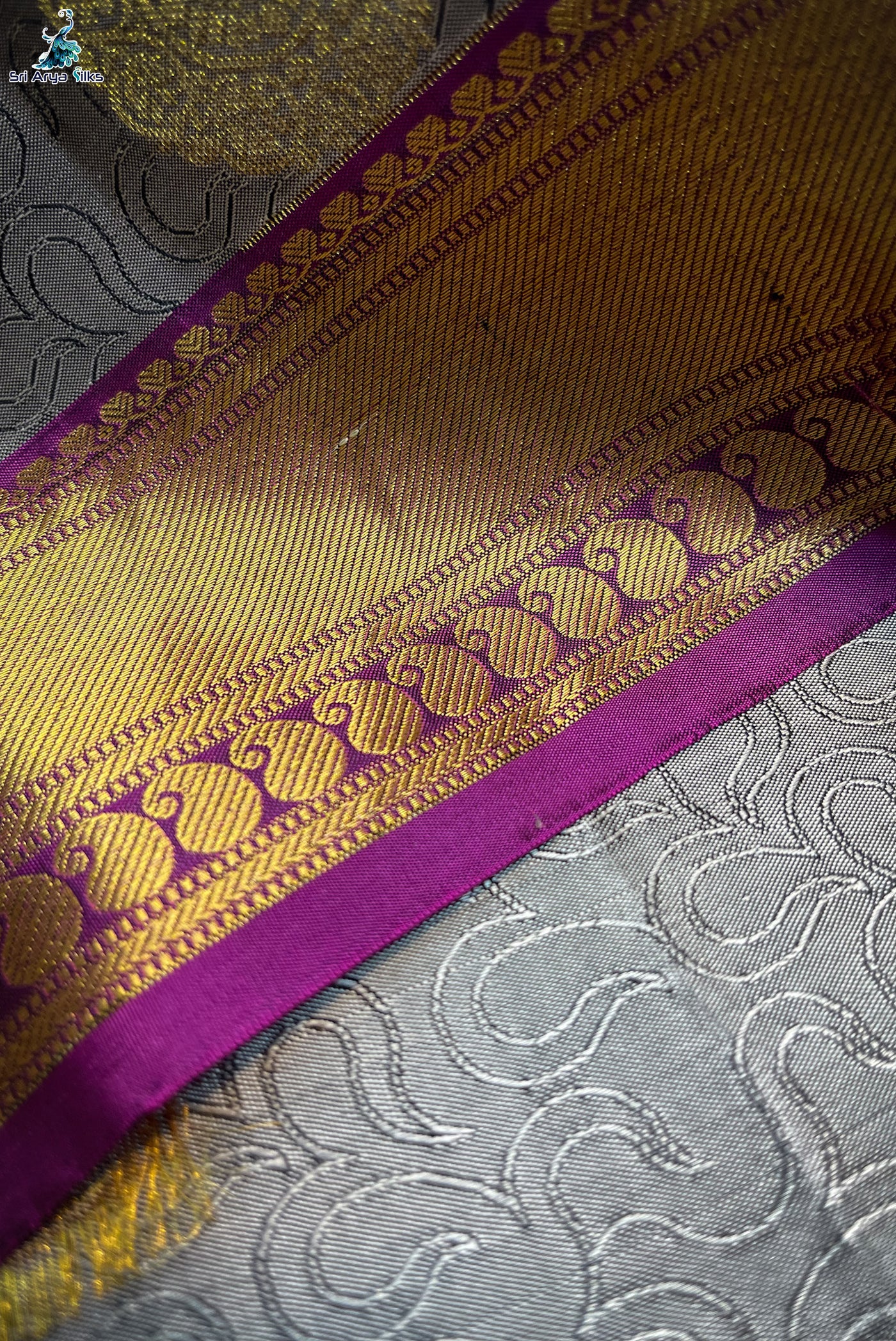 Grey Embosed Saree With Purple Blouse & Buttas Pattern