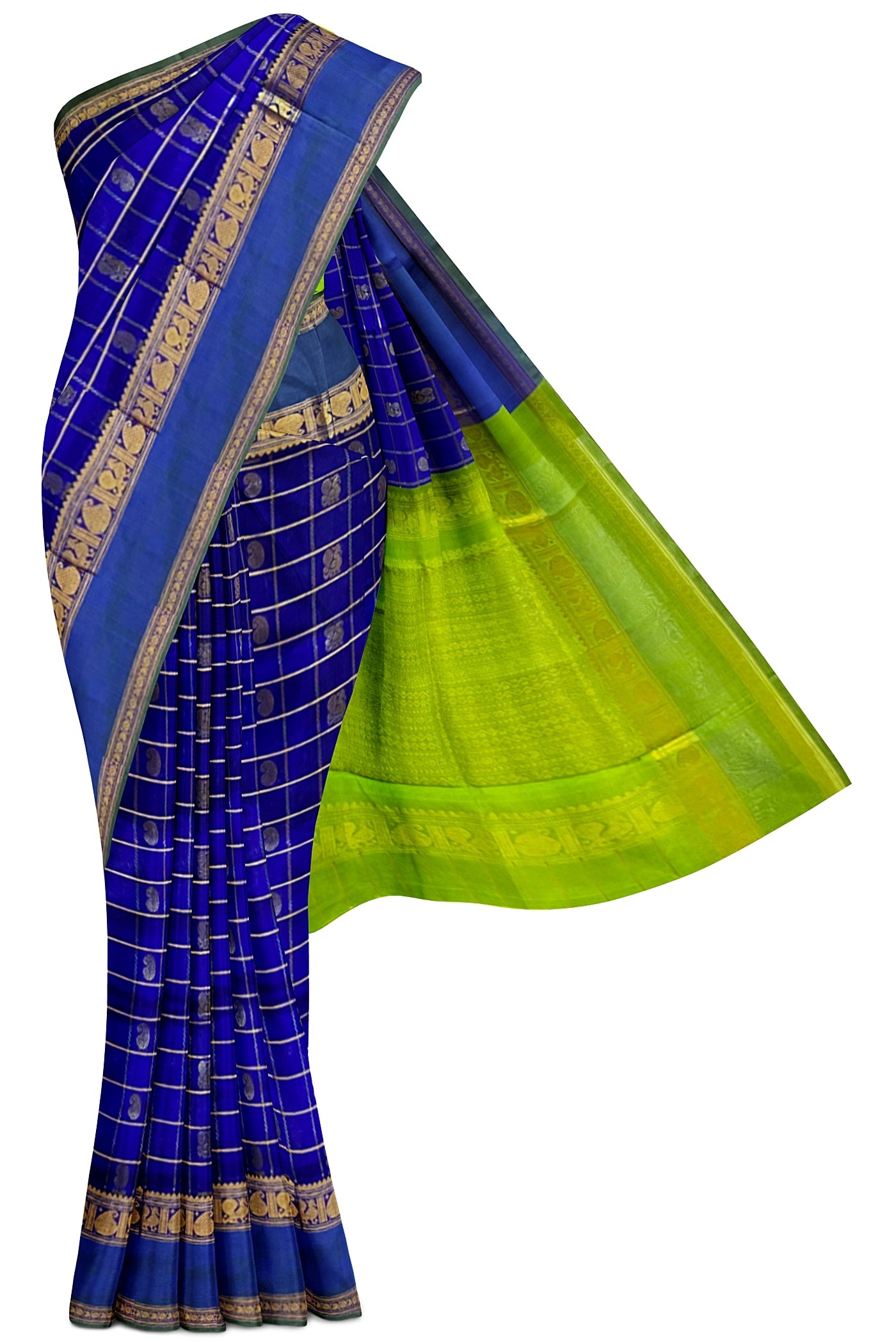 Dark Blue Checked Saree With Zari Buttas Pattern