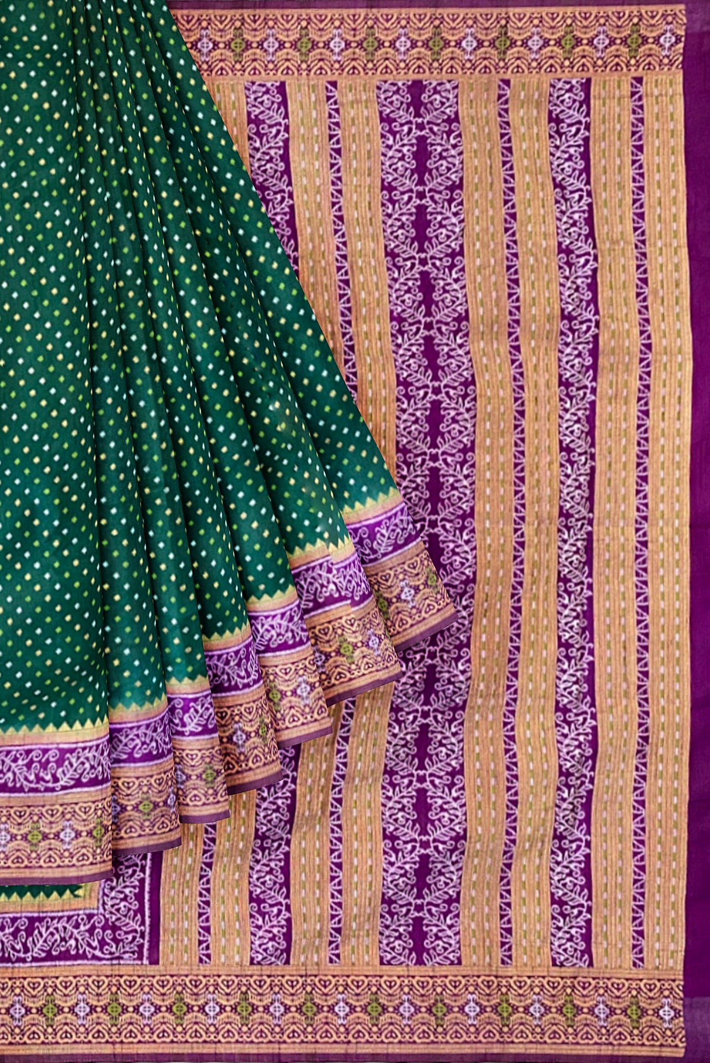 Dark Green Semi Banarasi Saree With Zari Buttas Pattern