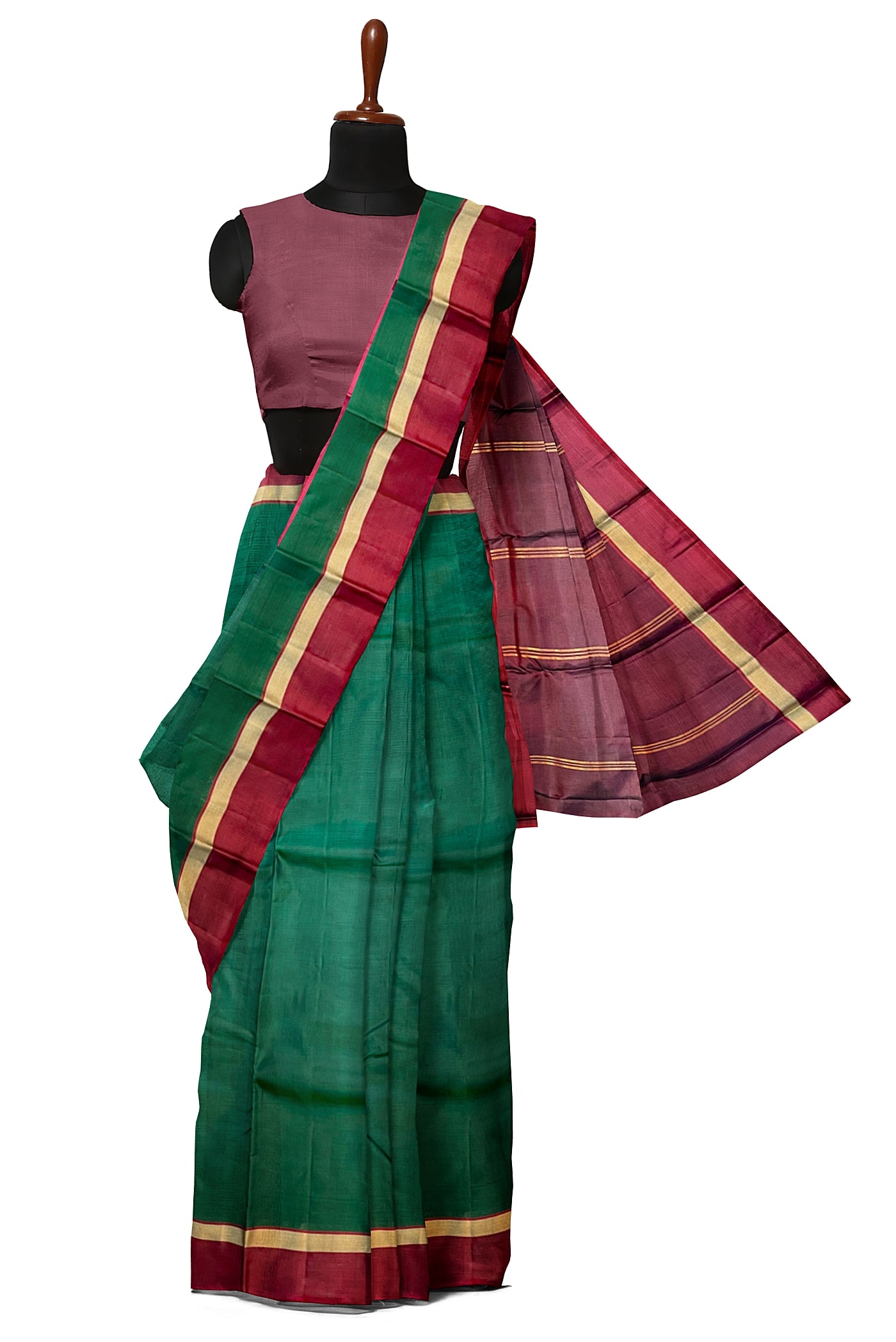 Bottle Green Light Weight Silk Saree With Plain Pattern
