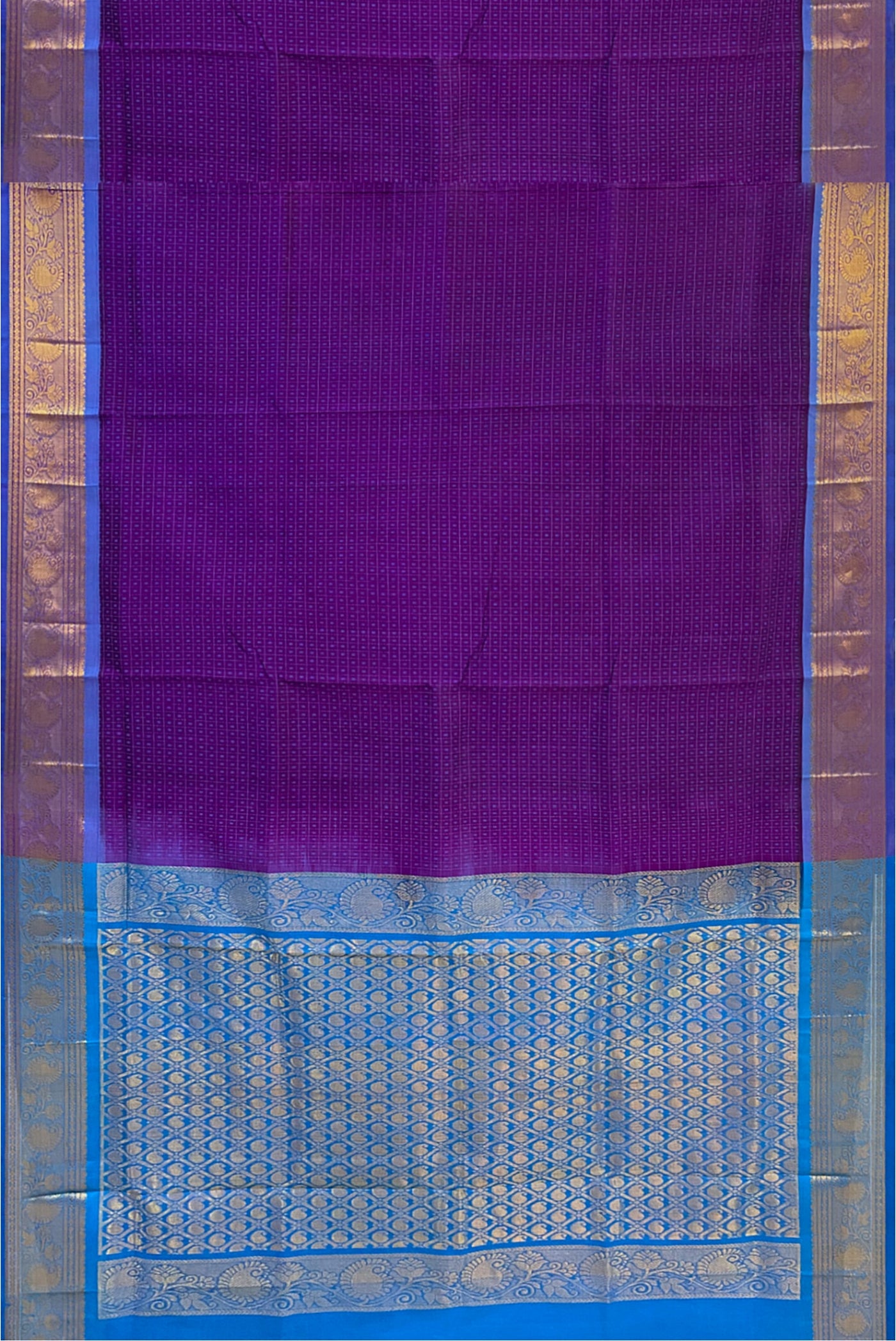 Sea Blue Silk Cotton Saree With Stripes Pattern
