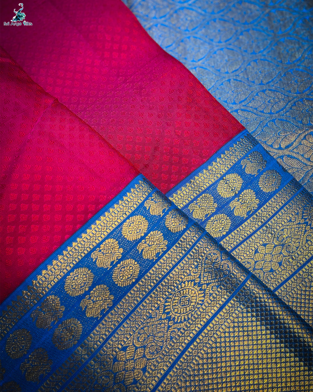 Pink Korvai Contrast Silk Saree With Copper Sulphate Blue Blouse & Buttas Pattern