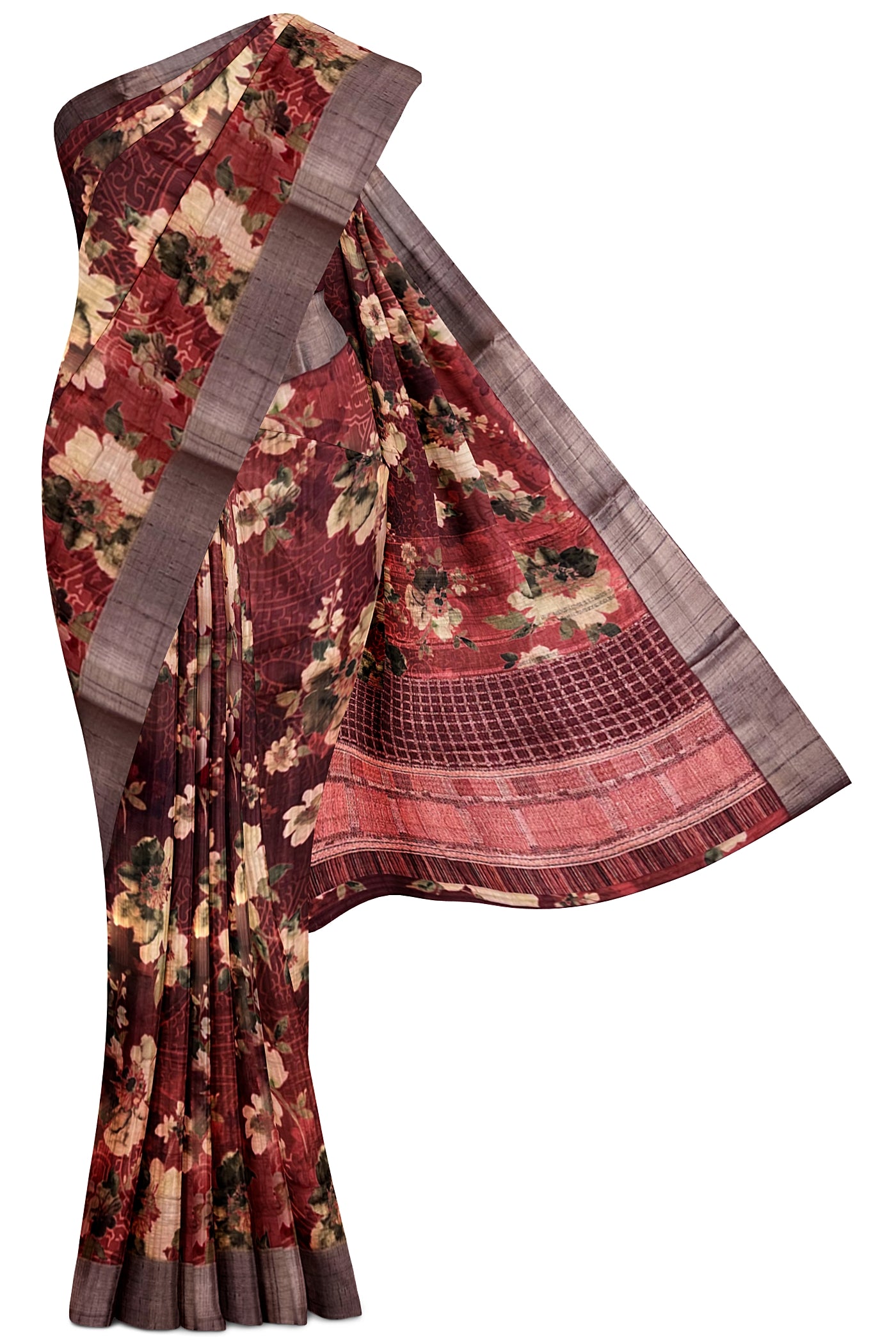 Red Office Wear Saree With Floral Pattern