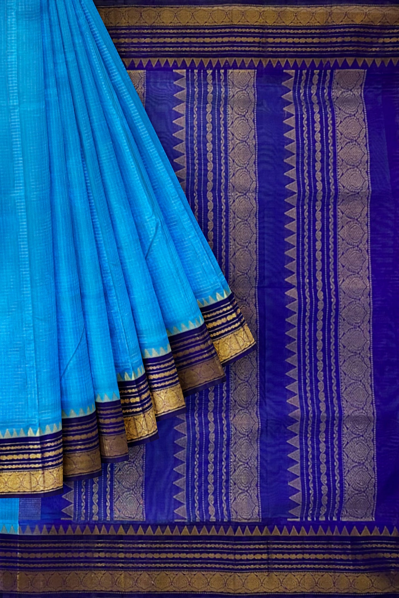 Sky Blue Korvai Silk Cotton Saree With Zari Checked Pattern