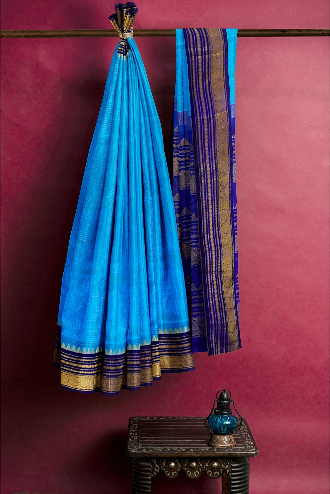 Sky Blue Korvai Silk Cotton Saree With Zari Checked Pattern