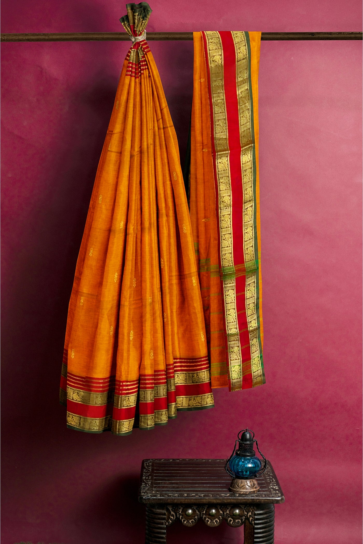 Lite Mustard Orange Cotton Saree With Zari Buttas Pattern