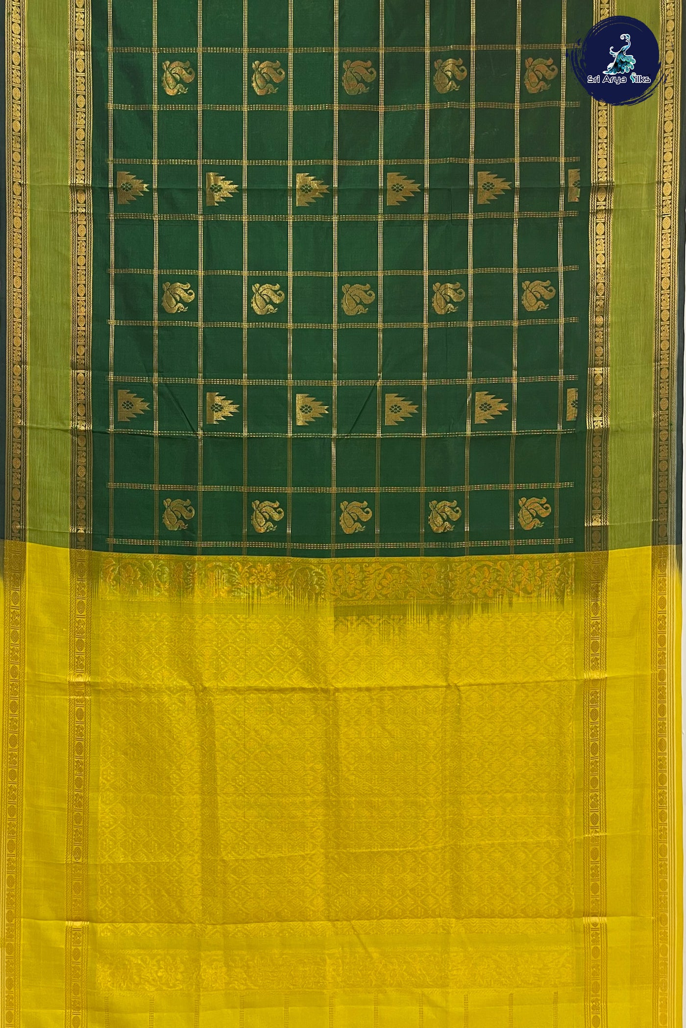 Dark Green Korvai Silk Cotton Saree With Zari Checked Pattern