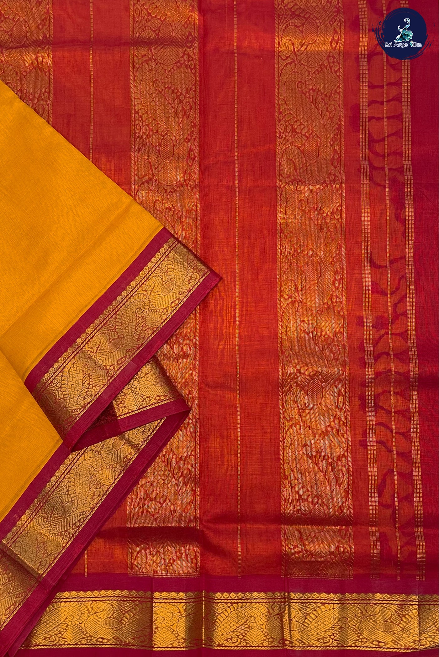 Turmeric Yellow Korvai Silk Cotton Saree With Plain Pattern