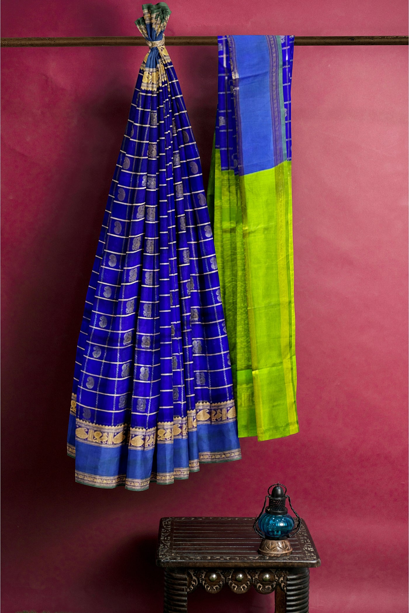 Dark Blue Checked Saree With Zari Buttas Pattern