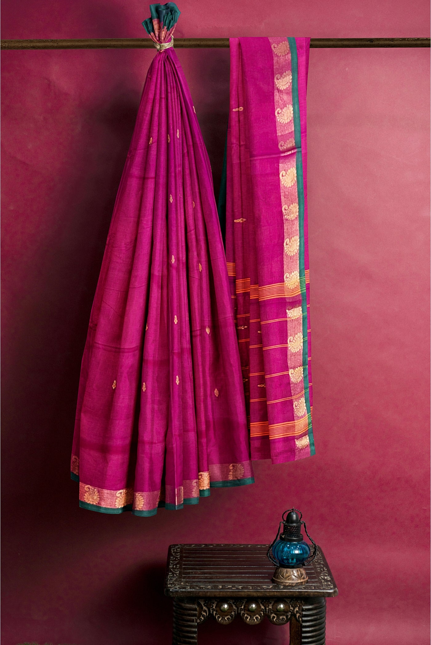 Dark Pink Cotton Saree With Zari Buttas Pattern