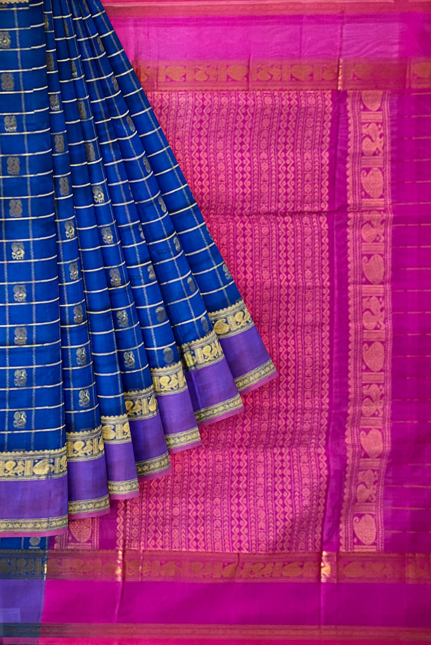 Sapphire Blue Checked Saree With Zari Buttas Pattern