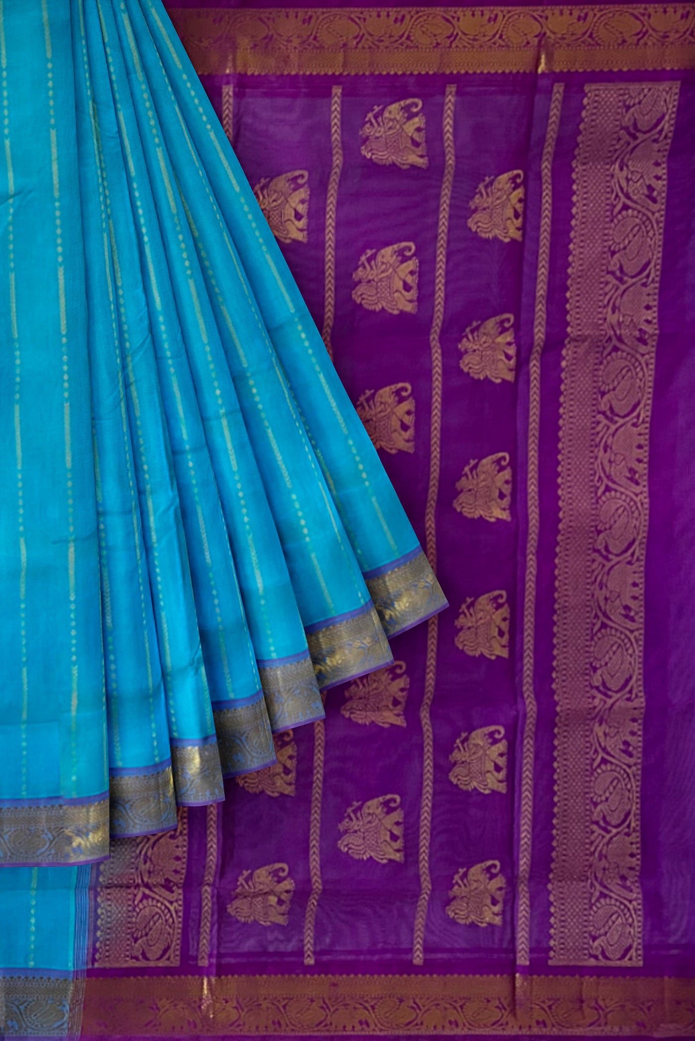 Sea Blue Silk Cotton Saree With Stripes Pattern
