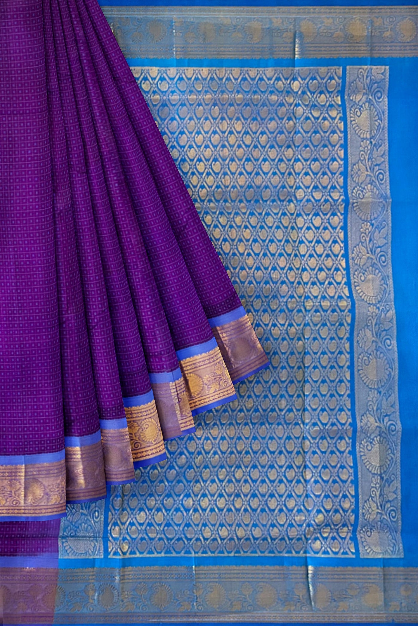 Sea Blue Silk Cotton Saree With Stripes Pattern