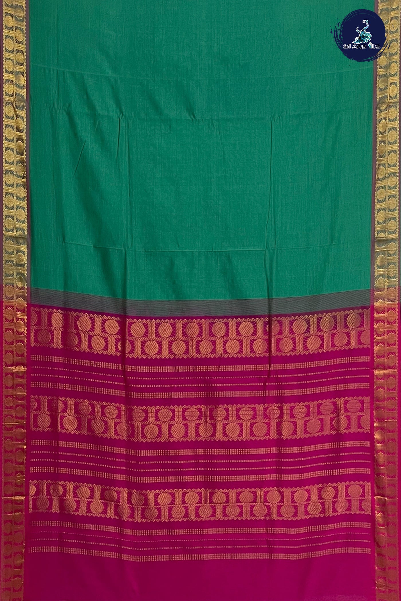 Green Madisar Semi Silk Cotton Saree With Plain Pattern