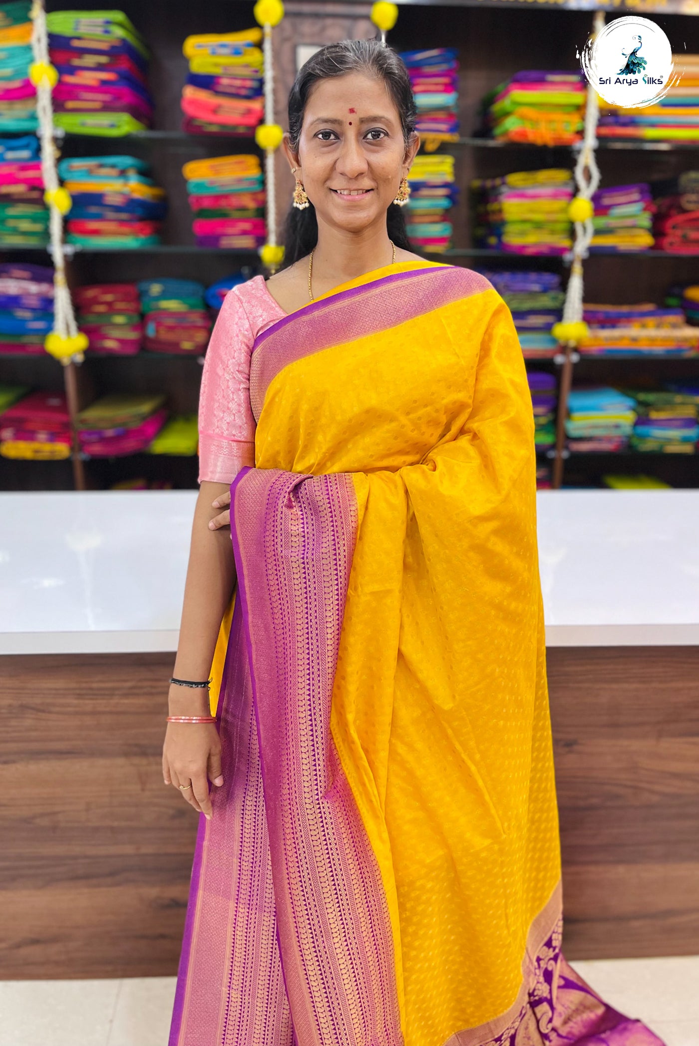 Yellow Semi Banarasi Saree With Zari Buttas Pattern