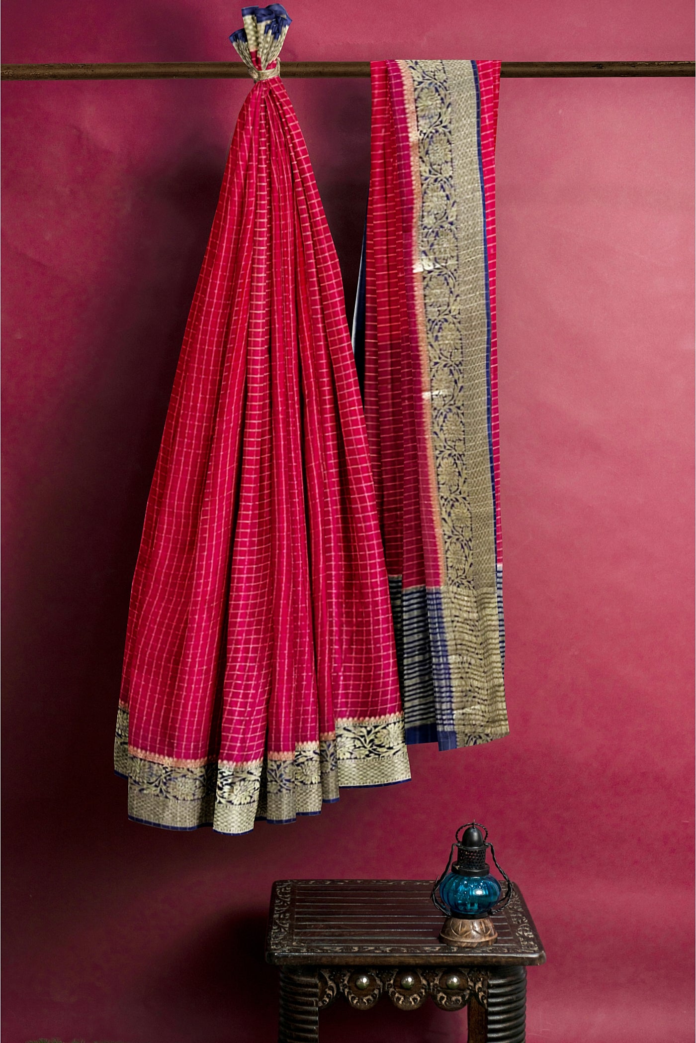 Pink Georgette Banarasi Saree With Zari Checked Pattern